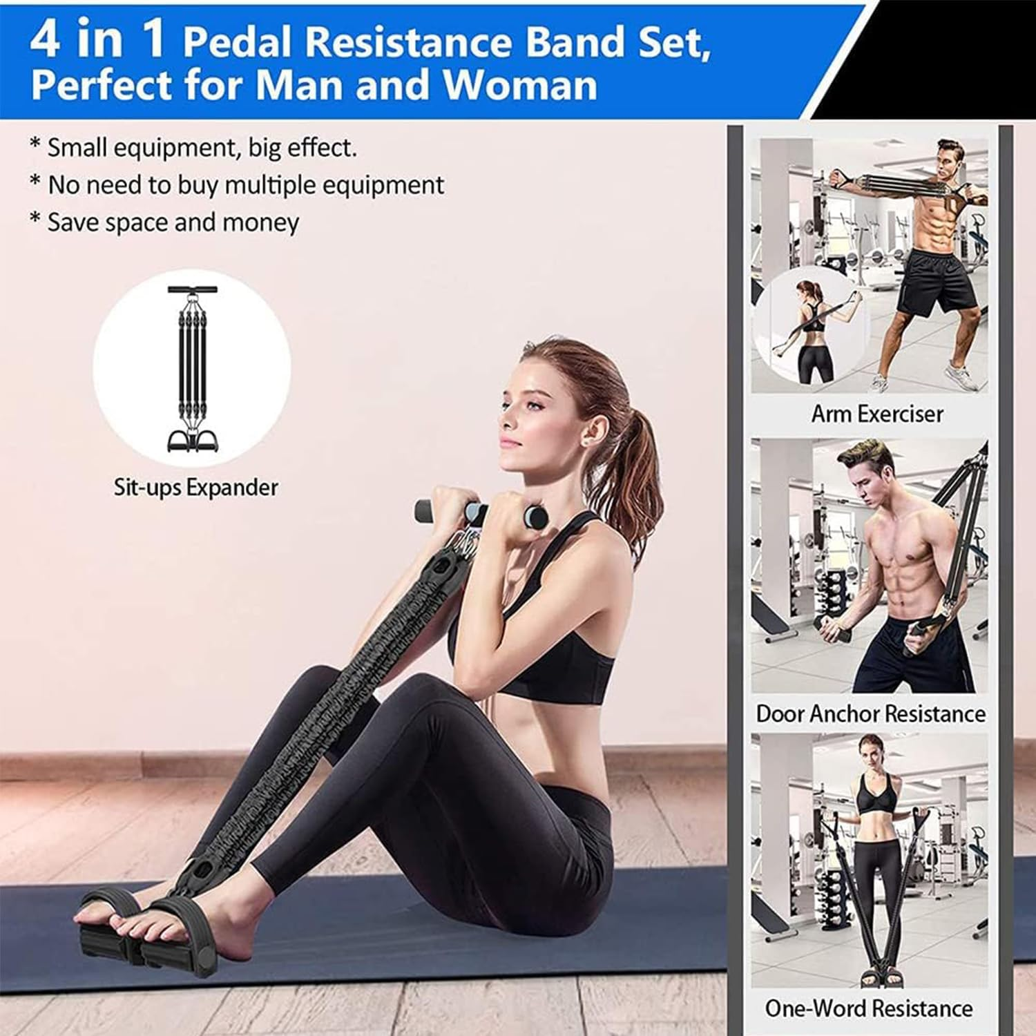 JIUSEGE Pedal Resistance Band Set &ndash; Multifunctional Tension Rope with Handles & Pedal Puller &ndash; Elastic Exercise Bands for Waist, Arm, Leg Training &ndash; Home Fitness Equipment for Full Body Workout image number 1