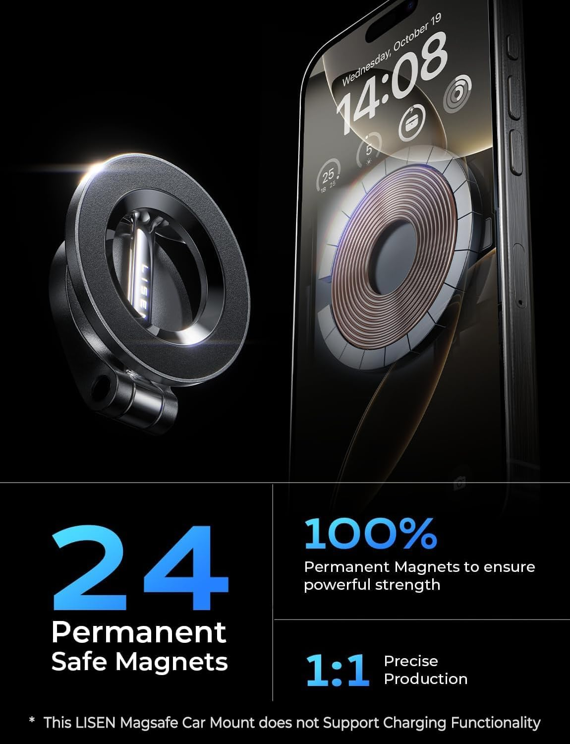 LISEN for Magsafe Car Mount [24 Permanent Magnets] Magsafe Phone Holder Car Accessories for Cars Magnetic Phone Car Mount for Iphone 16 GPS Car Holder Fits Iphone 16 Pro All Phones with Metal Ring image number 1