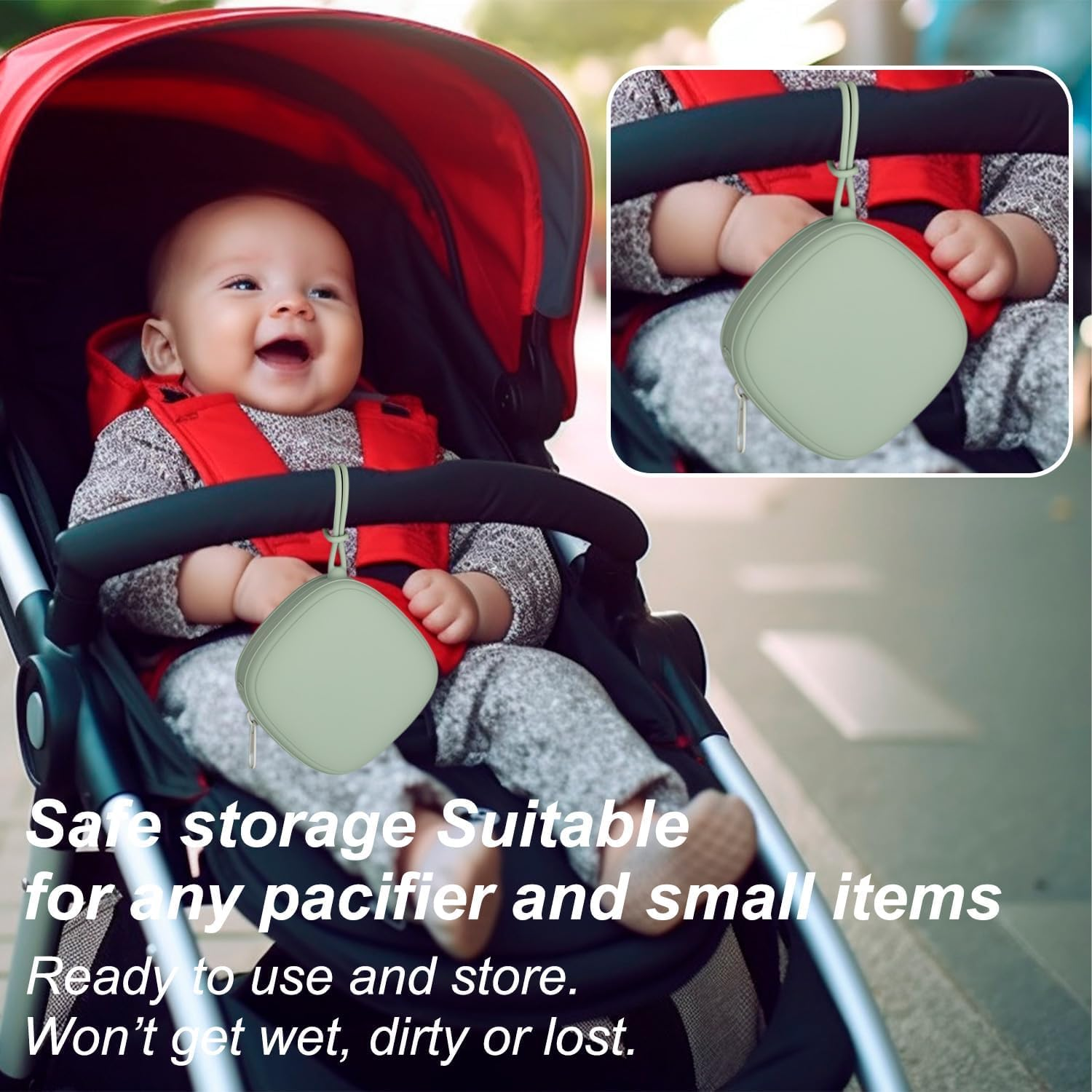 Swelive 2 Pack Silicone Pacifier Holder Case, Portable Pacifier Case for Diaper Bag, BPA Free Newborn Baby Pacifiers Silicone Pouch for Boys & Girls (Light Grey+Shifting Sand) image number 3