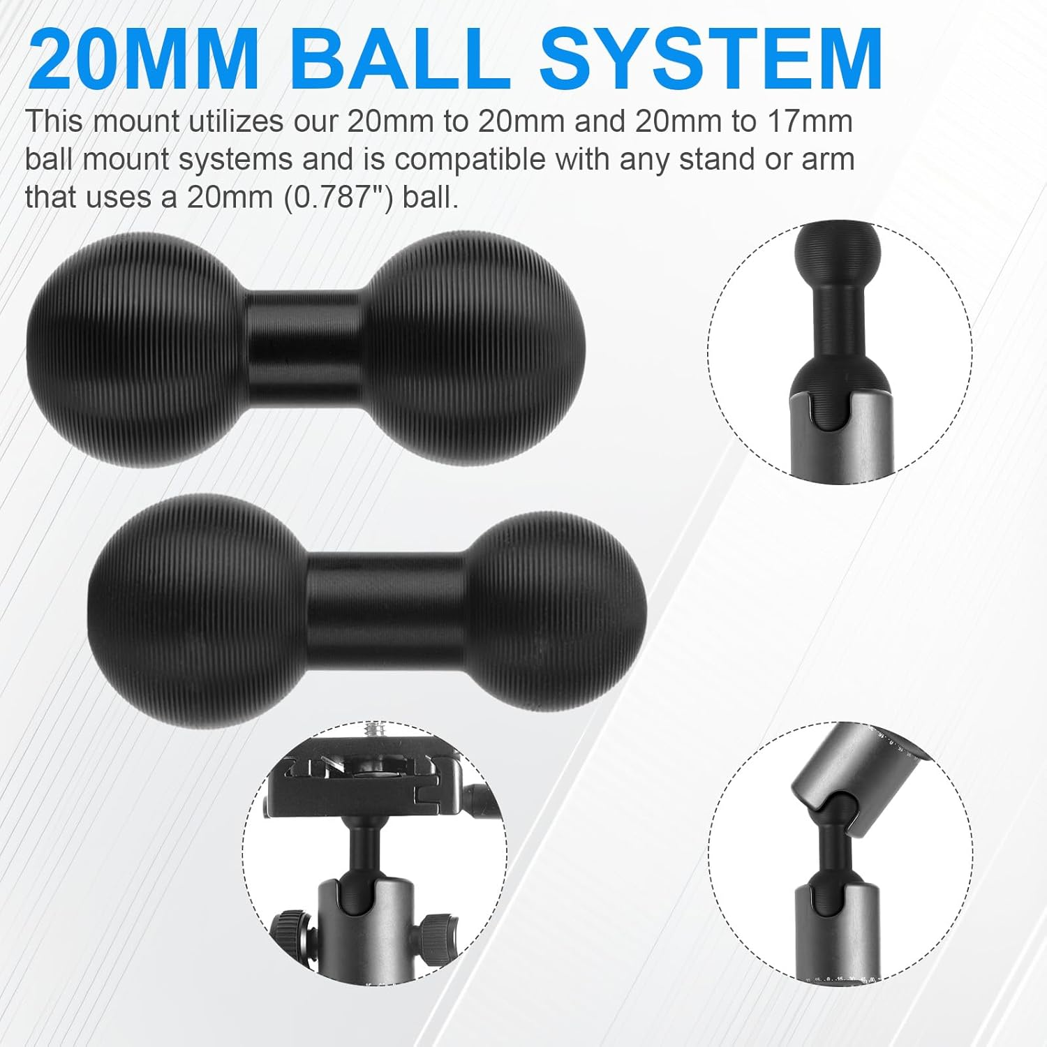 2Pcs 2 Design Ball Mount Arm Set, Durable Aluminum Alloy 20Mm to 20Mm & 20Mm-17Mm Ball Adapter Extension Connector for Secure Attachment for Mounting Arm Connections image number 2