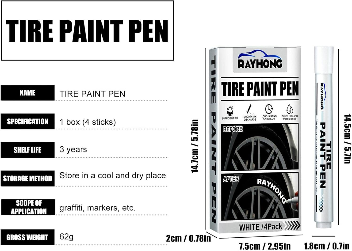 2 Pcs White Tire Marker for Vehicles, Tyre Marker Paint Pen for Bike & Car Tires, Permanent Marker for Car Bike Motor Tires, Removes Car Scratches, Dobooo image number 1