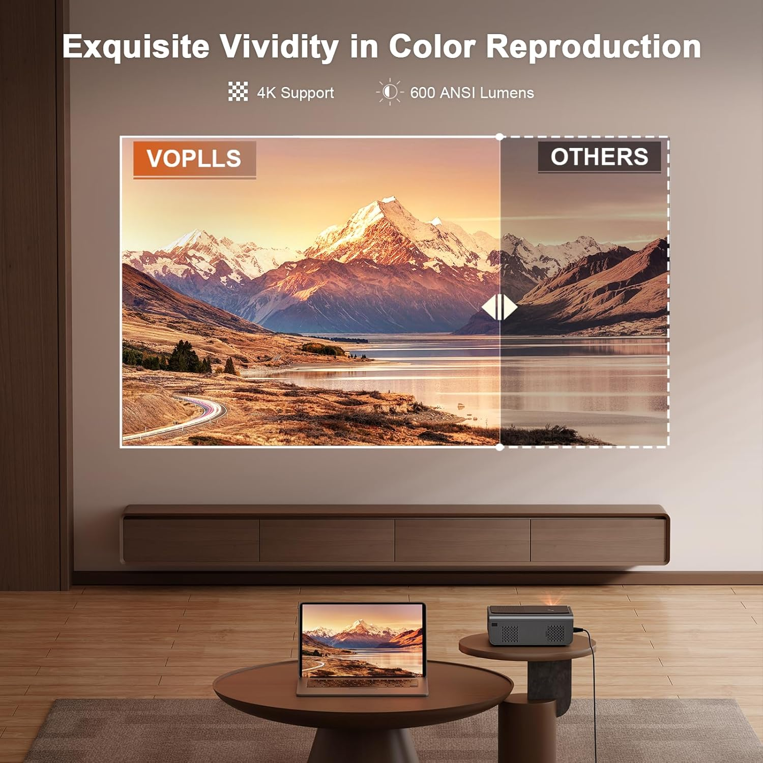 [Built-In Apps & Auto Focus/Keystone] Smart Projector 4K with Wifi and Bluetooth, VOPLLS 600ANSI Native 1080P Outdoor Projector, PPT, 50% Zoom Home Theater Movie Projector for Bedroom/Ios/Android image number 1