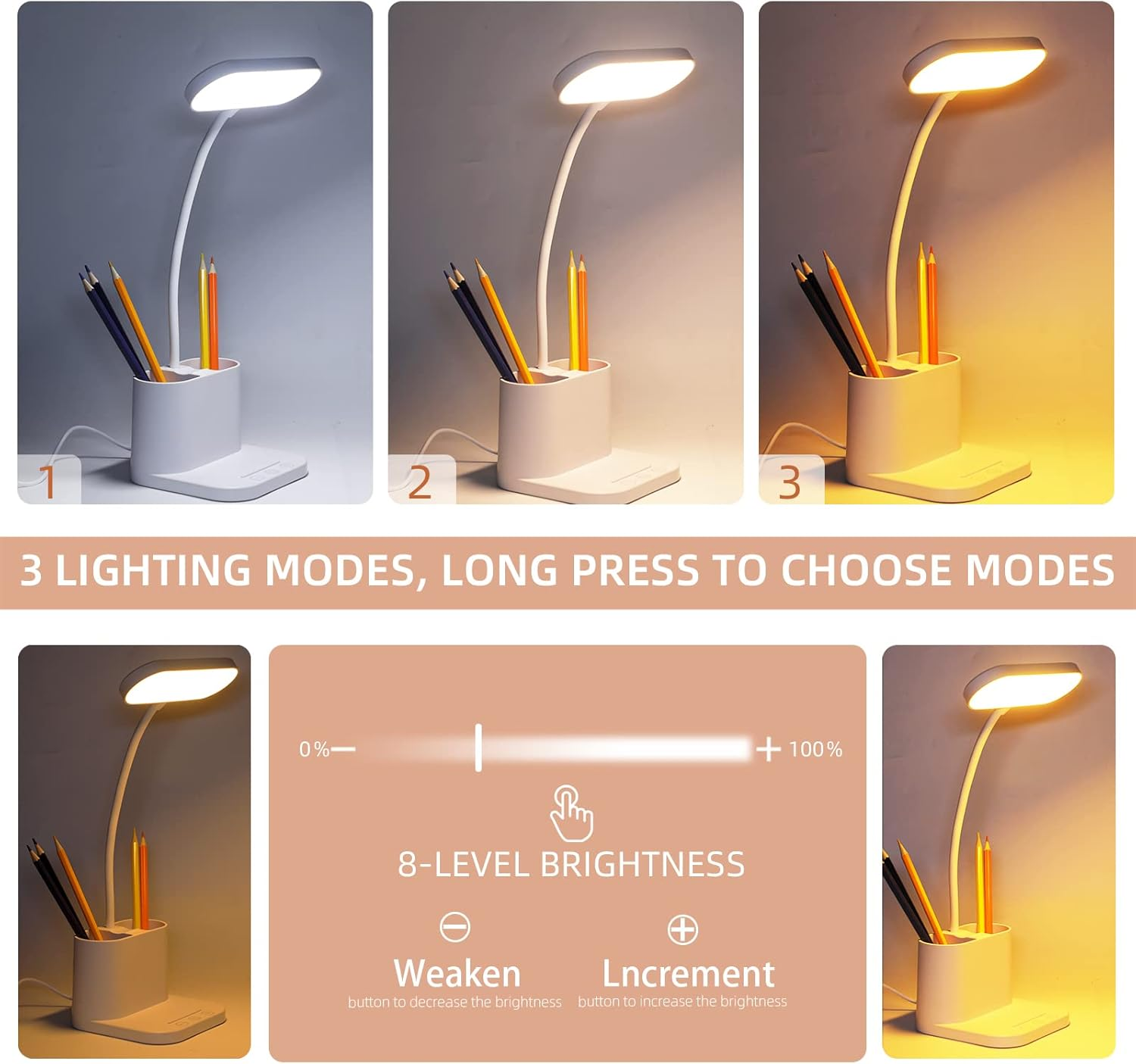 Children'S Desk Lamp, Dimmable Table Lamp, 3 Light Colours and 8 Brightness Levels, Eye-Friendly Bedside Lamp, USB Rechargeable Reading Light, Ideal for Readers, Children, Work, Study. image number 1