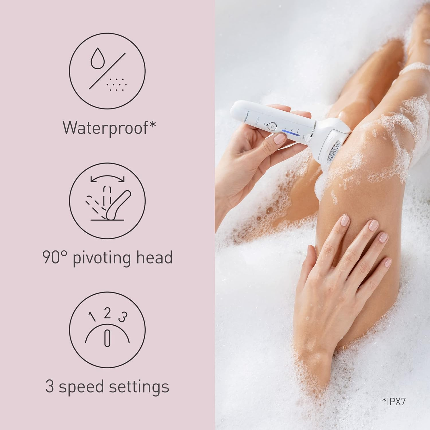 Panasonic Wet/Dry Cordless Epilator with Double Disc Technology, 3 Speed Settings, Rechargeable Battery, 2 Attachments, Flexible Pivoting Head, Pressure Sensor, LED Light, 0.5Mm Hair Removal, Easy Grip Handle (ES-EY31-W541) image number 6