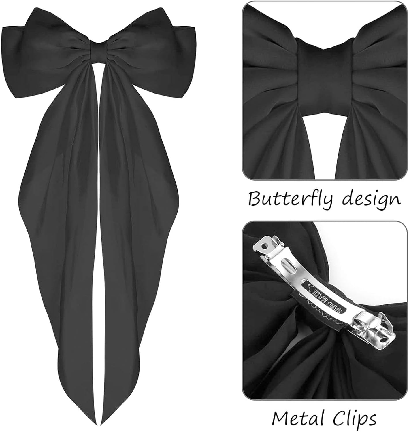 Hair Clips, 2 Pieces with Large Bow, Soft Silky Satin Hair Clip, Long Tail, French Ribbon Hair Pins, 90S Bowknot Clips for Party, Christmas, Women (Black + Beige) image number 3