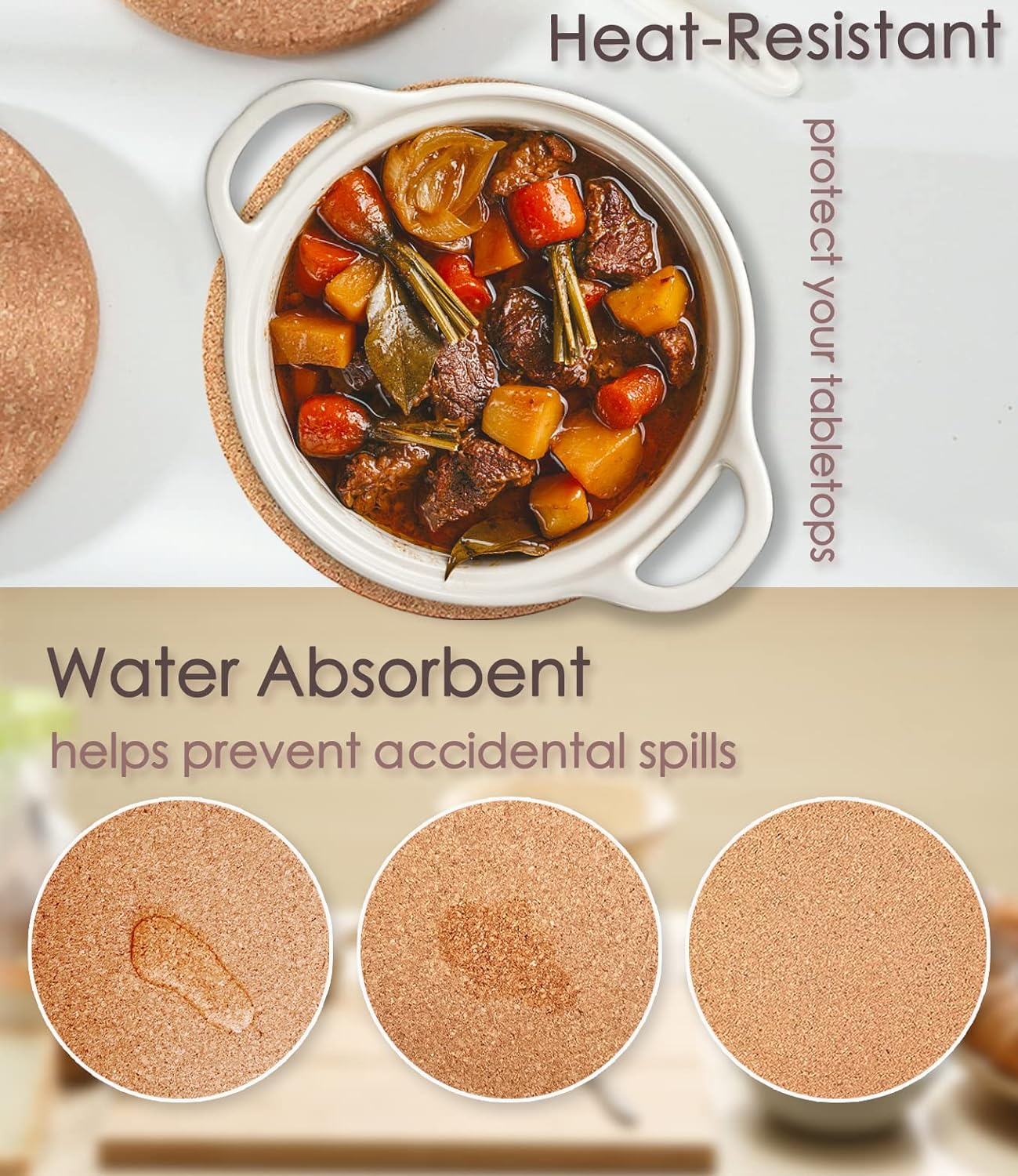 Cork Trivet, 6 Pack High Density Thick Cork Coaster Set for Hot Dishes and Hot Pots, 8 Inch Heat Resistant Multifunctional Cork Board, Hot Pads for Table & Countertop image number 5