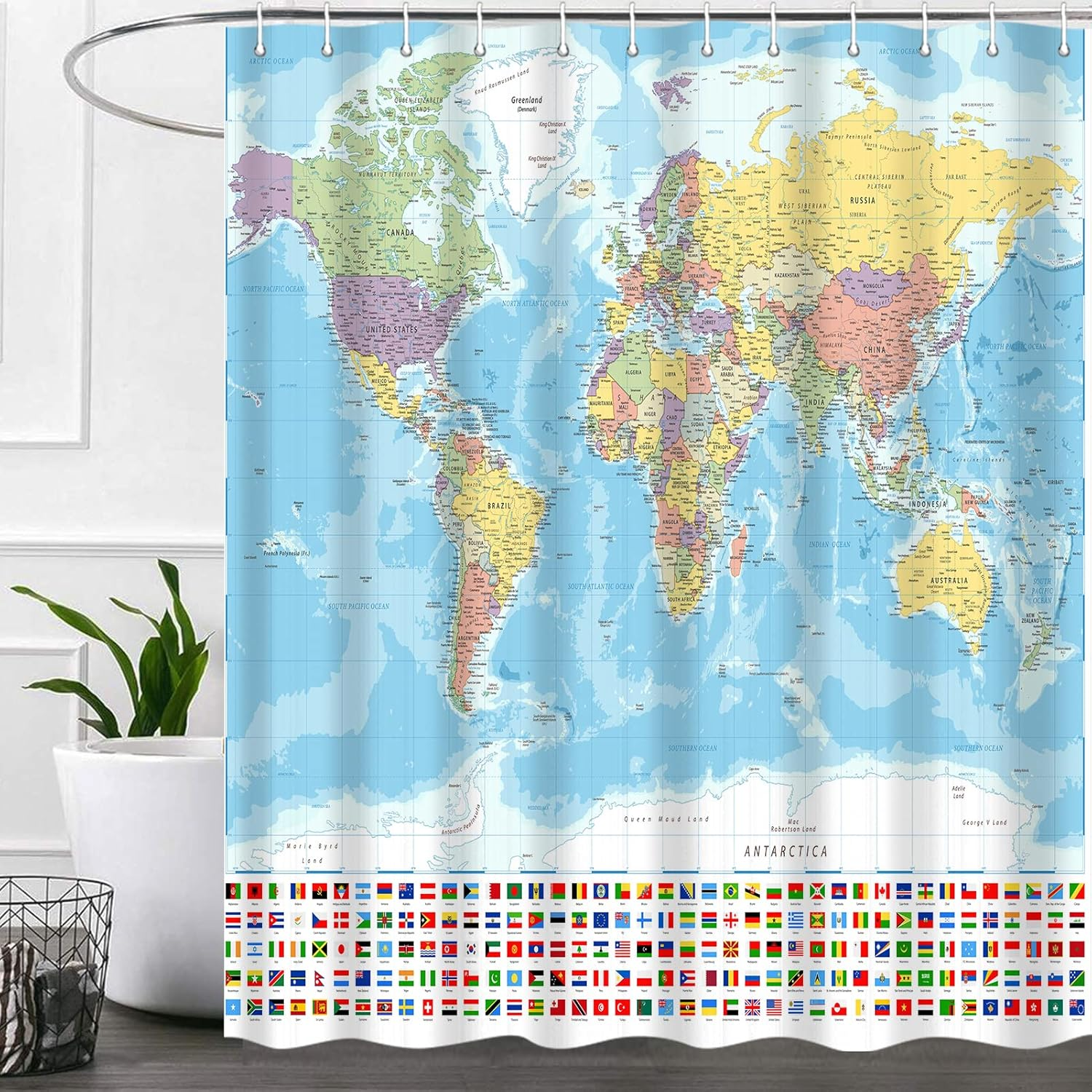 Itapnoom World Map Shower Curtain, Map of the World with National Educational Fabric Shower Curtains Set for Bathroom Boys Girls Kids Map Bath Decor with Hooks 72 X 72 Inch