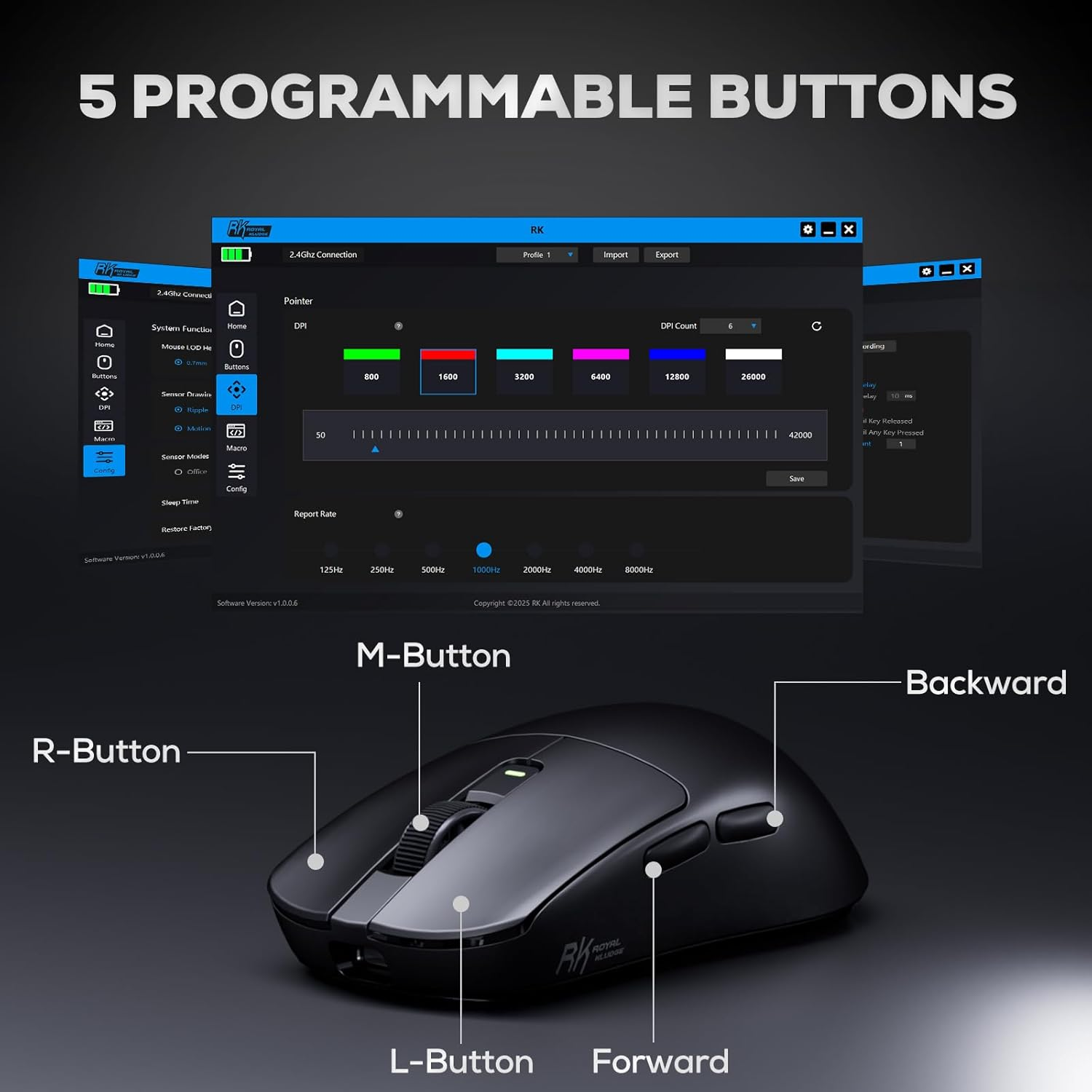 RK ROYAL KLUDGE RK M3 Wireless Gaming Mouse with 42K DPI, 47G Lightweight Computer Mouse with Dual 8K Polling Optical Sensor, Bluetooth/2.4G/Usb-C Wired PC Game Mice with 5 Programmable Buttons, Black image number 3