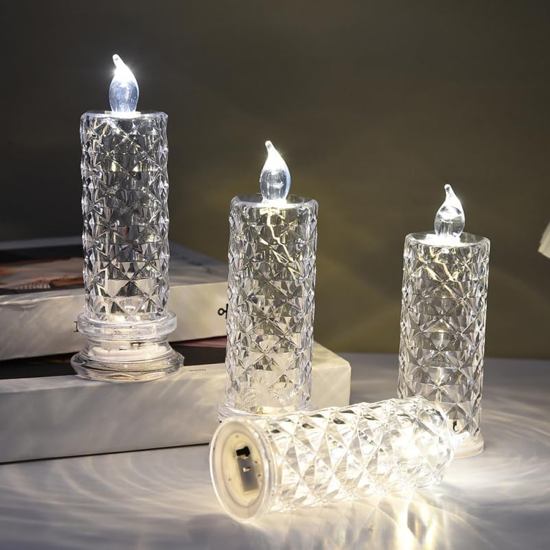 OSALADI Pack of 6 LED Rose Candles with Clear Crystal-Like Design, Energy-Saving Electric Candles with Sturdy Base as Party Table Decoration for Living Room and Festive Occasions image number 3