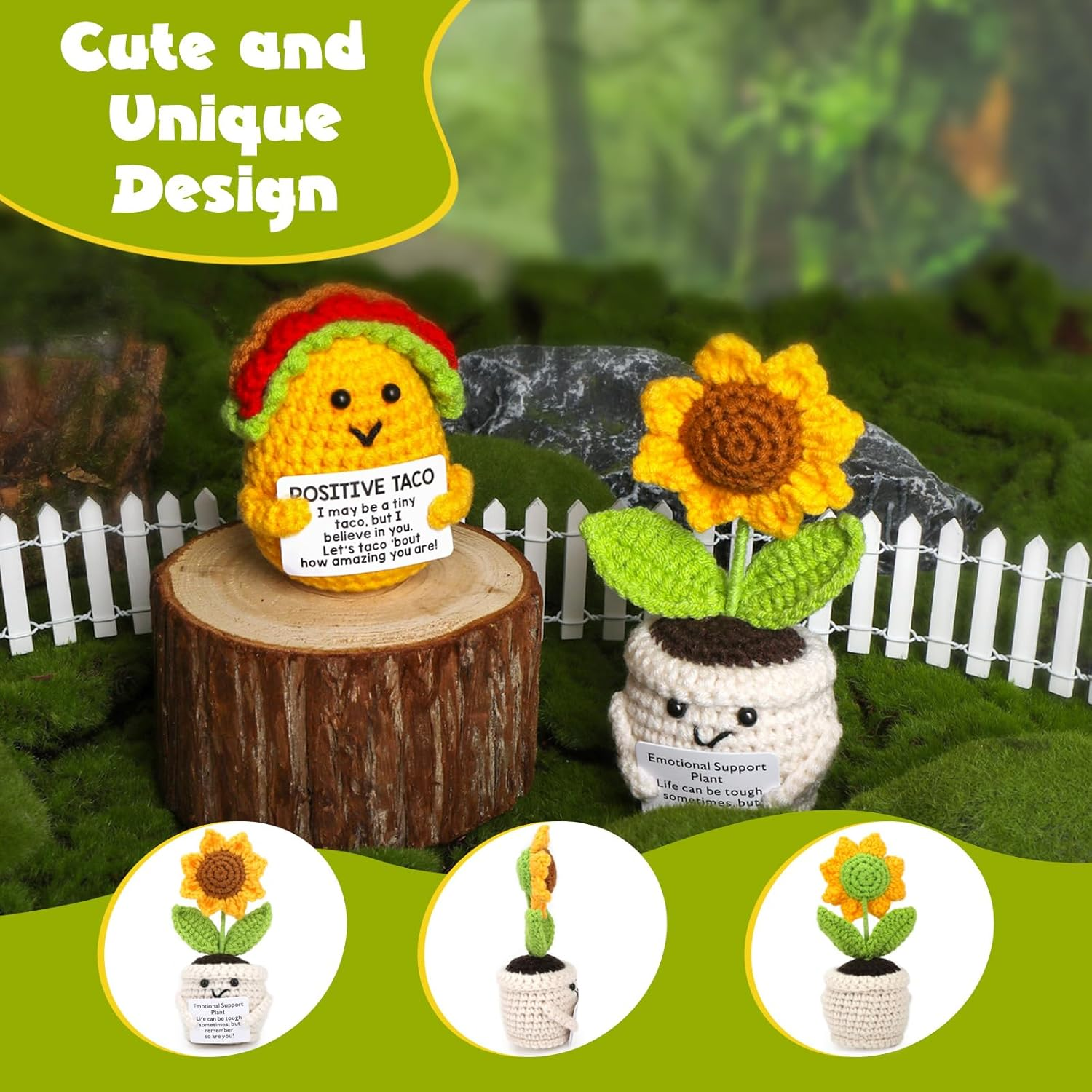 Fayrvind 2 Pcs Emotional Support Positive Crochet Sunflower and Taco Desk Decor Cute Stuff Crochet Flowers Birthday Gifts for Women Thank You Gift - Yellow Chicken  Green Frog image number 2