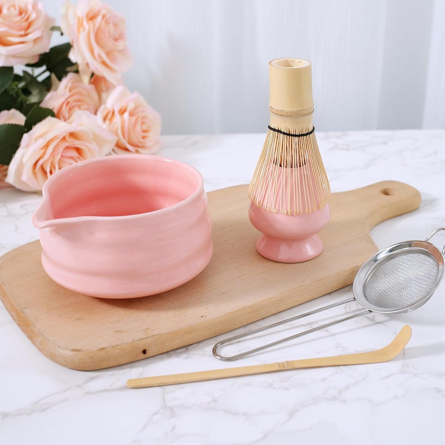 5 Pieces Matcha Tea Set, Matcha Whisk Set Cute Whisk and Bowl with Spout, Matcha Whisk Holder, Matcha Spoon, Stainless Sifter, Perfect Matcha Kit for Matcha Lover (Pink)