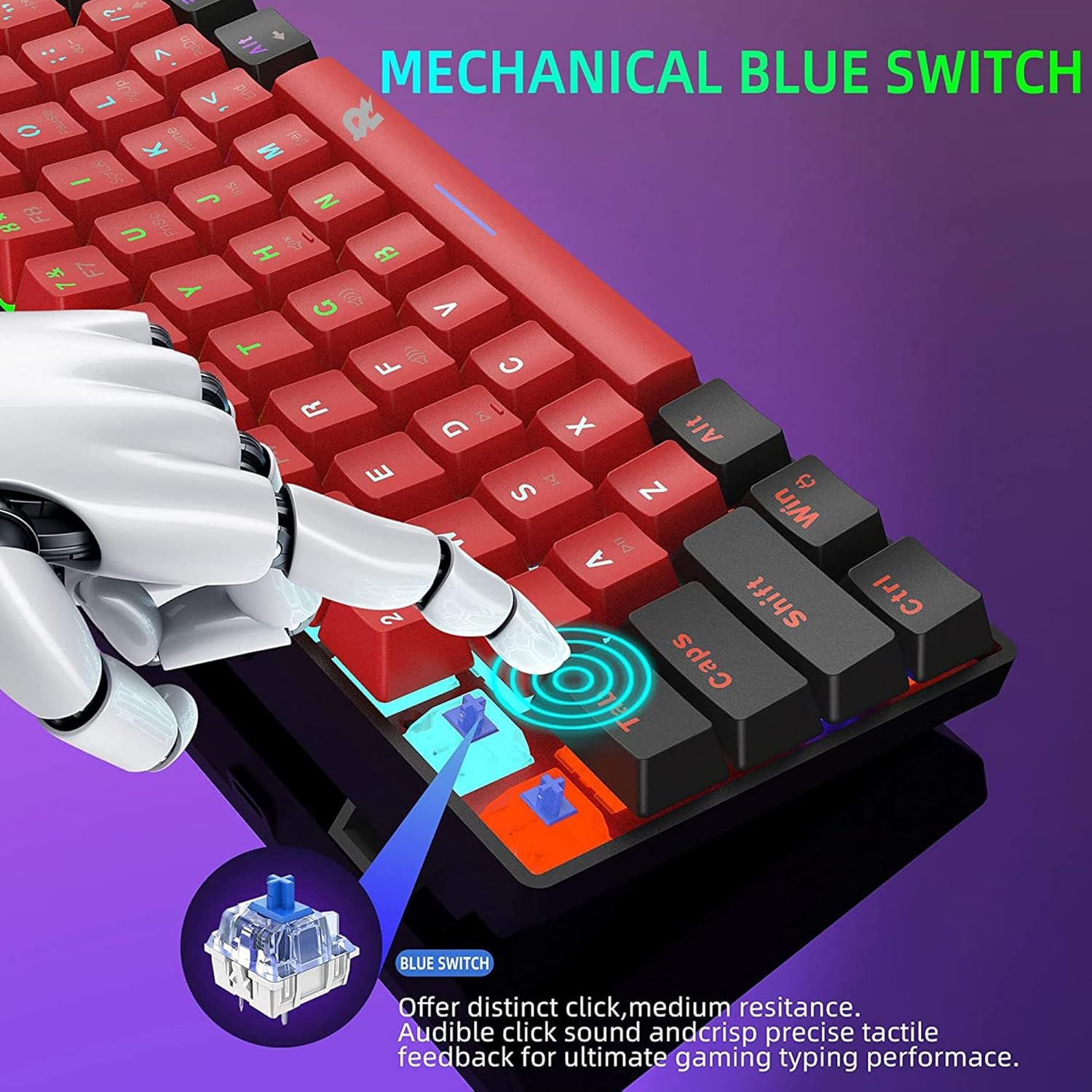 ROCK POW Wired Mechanical PC Gaming Keyboard, LED Backlit 61 Keys Small Wired Office Mechanical Mini Keyboard for Windows Laptop PC Mac (Black-Red, Blue Switches) image number 1