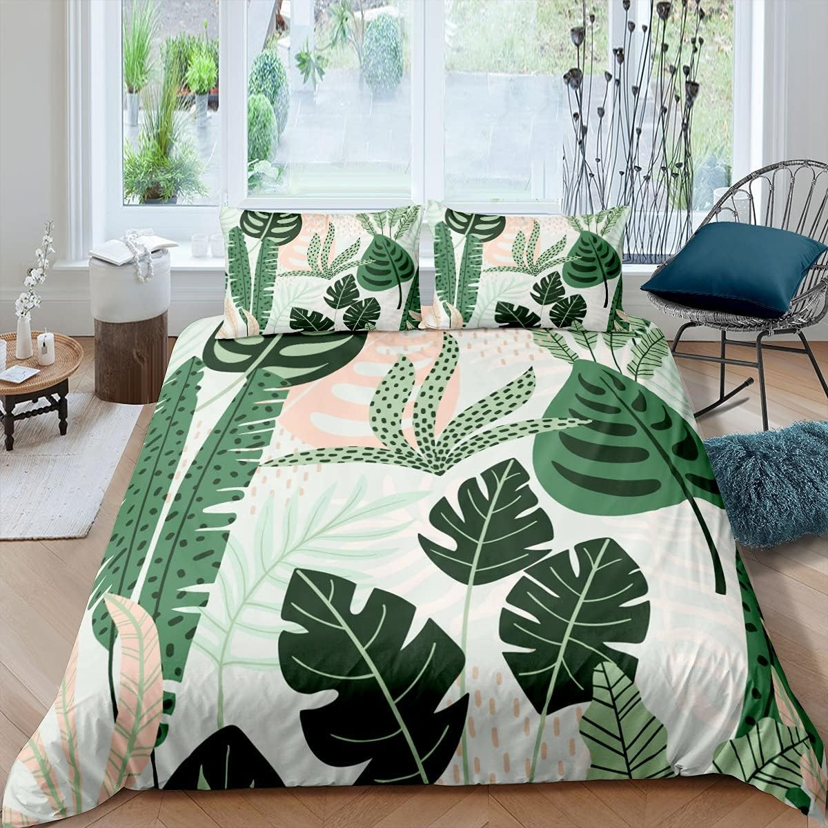Feelingyou Green Palm Leaf Duvet Cover Set for Bedroom Decor, Tropical Rainforest Plants Theme Comforter Cover, Leaves Pattern Bedding Duvet Cover Home Decor Duvet Cover Sets, 135 X 200 Cm