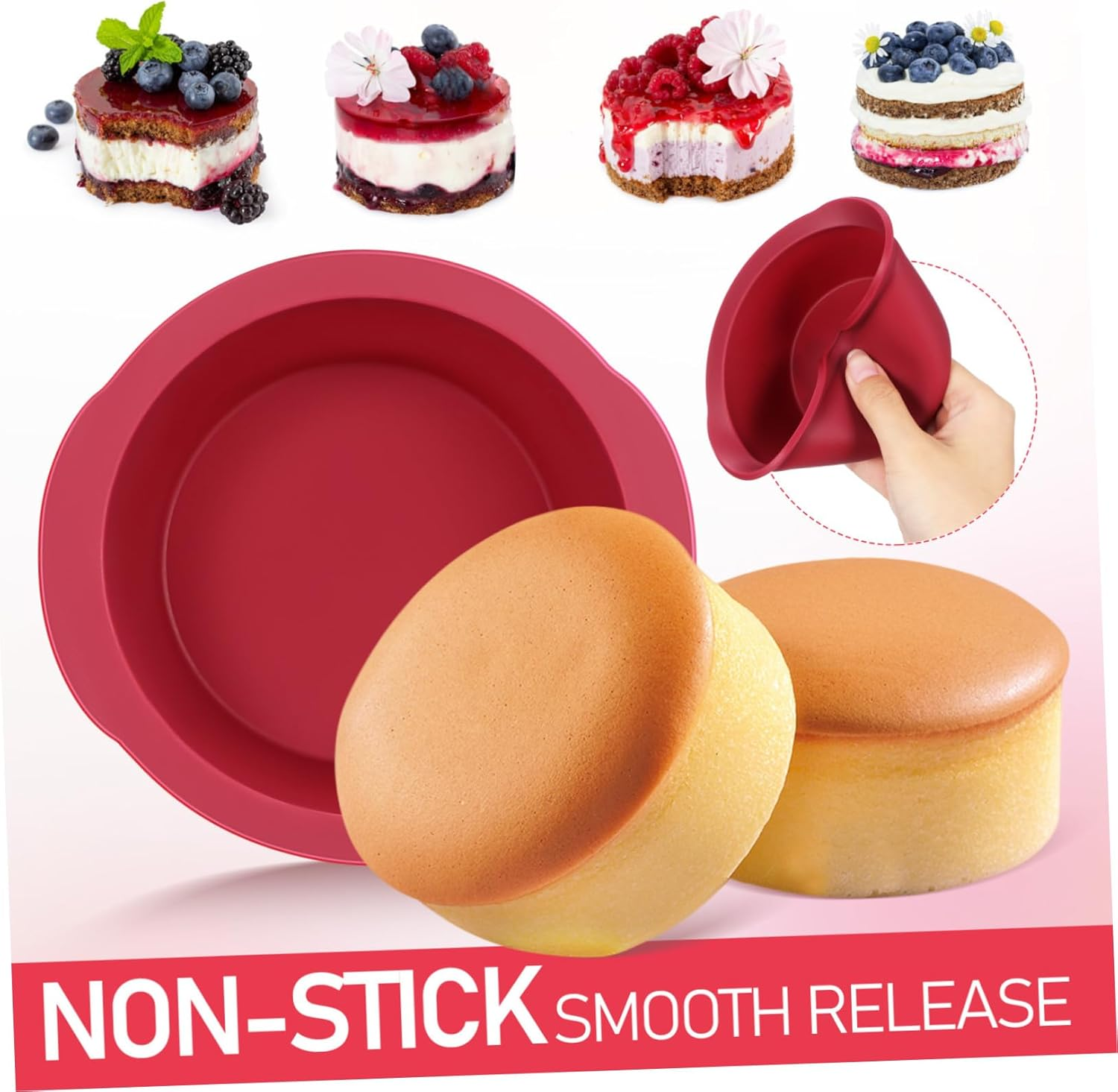 LABRIMP 2Pcs Mini round Silicone Cake Pans Non Stick Reusable Bakeware Tins for Baking Desserts and Chiffon Cake Elegant Wine Red Moulds for Home and Party Use Beginner Friendly image number 1
