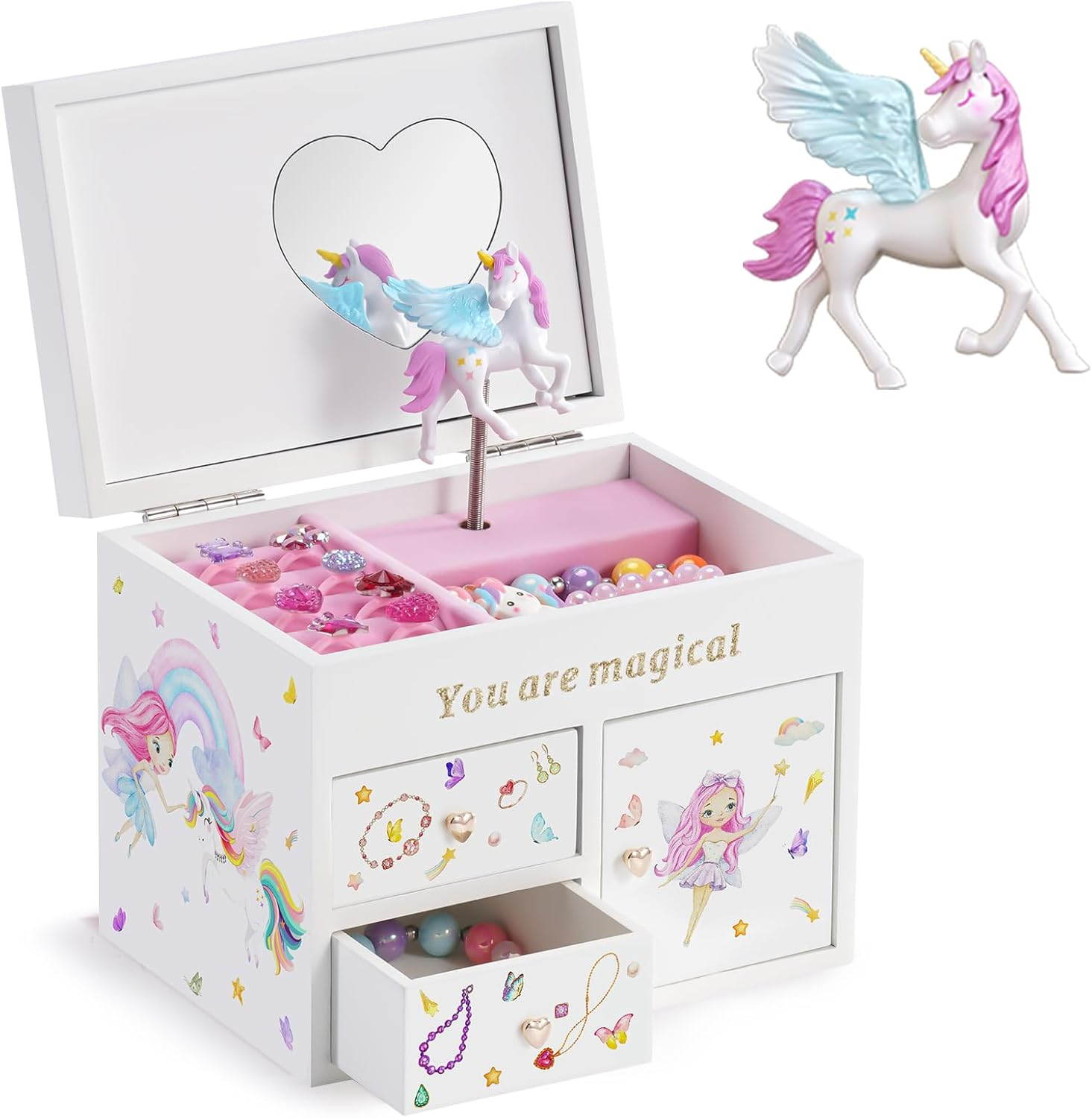 Lolalet Unicorn Jewelry Box for Girls, Wooden Musical Children'S Jewelry Organizer, for Kids Toddler Age 2 3 4 5 6 7 8 9 on Birthday -White image number 2
