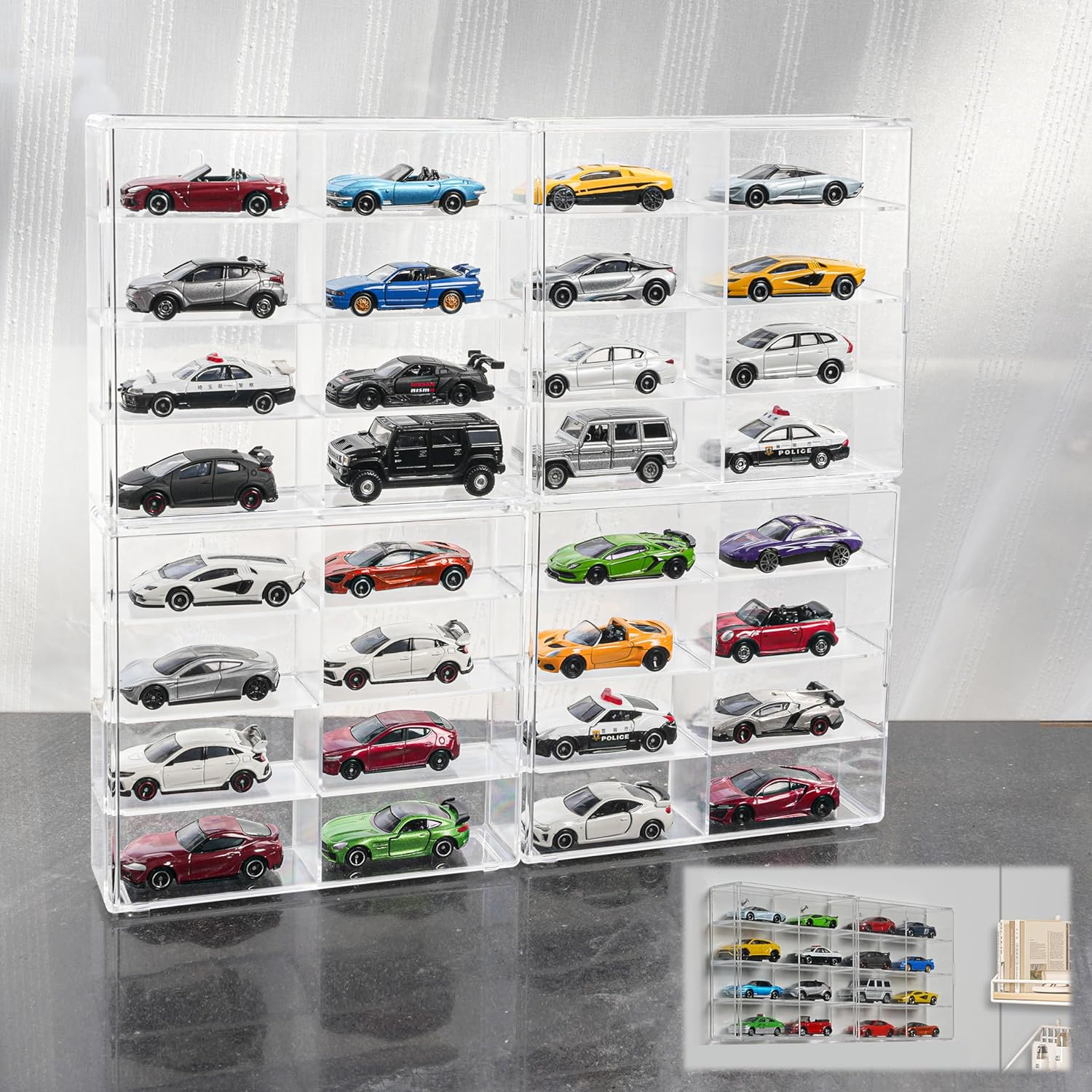 Nisshinn KASTUN Display Case for 32 Hot Wheels,Matchbox Cars,Display Case Wall Mount,Transparent Storage Case for 1/64 Diecast Cars,Wall Hanging,Stackable,Clear,Dustproof image number 1
