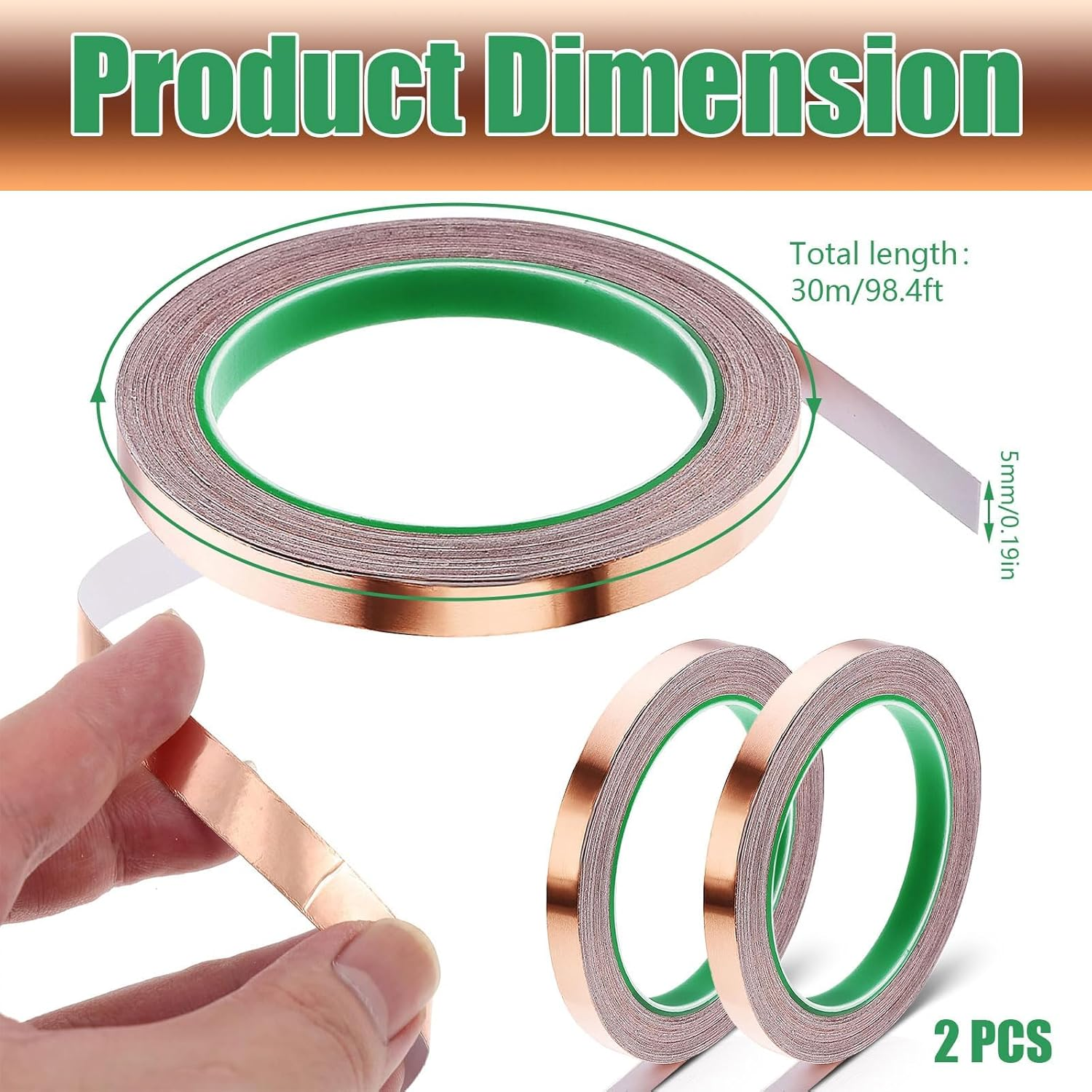 Conductive Adhesive Copper Tape, 2 Pcs Conductive Copper Foil Tape, Conductive Copper Tape with Single-Sided for Guitar and EMI Shielding, Slug Repellent, Stained Glass, Crafts, Electrical Repairs image number 1