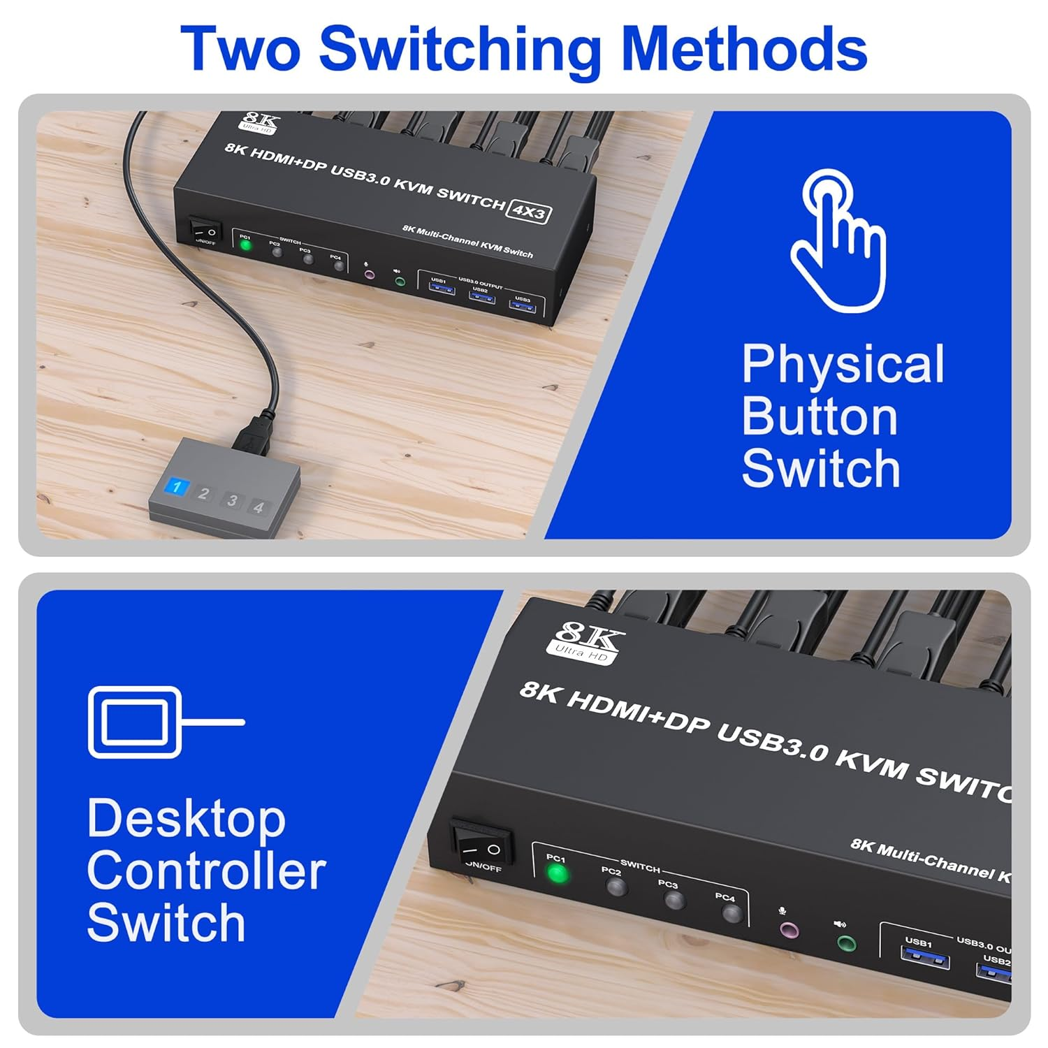 KVM Switch 3 Monitors 4 Computers 8K@60Hz 4K@144Hz, 2 HDMI +1 Displayport KVM Switch Triple Monitor for 4 Computer with Audio and 3 USB 3.0 Ports, KVM Triple Monitor Keyboard Mouse Switcher image number 4