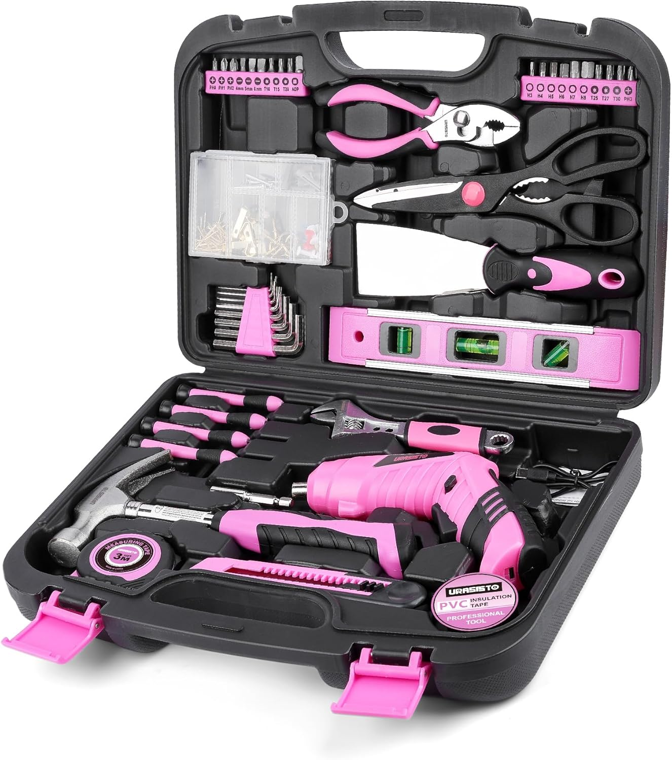 URASISTO Pink Household Tool Set with 3.6V USB Electric Screwdriver, 136 PCS Home Tool Kit with Cordless Lithium-Ion Drill Driver, Hand Tool Kits for Women image number 4