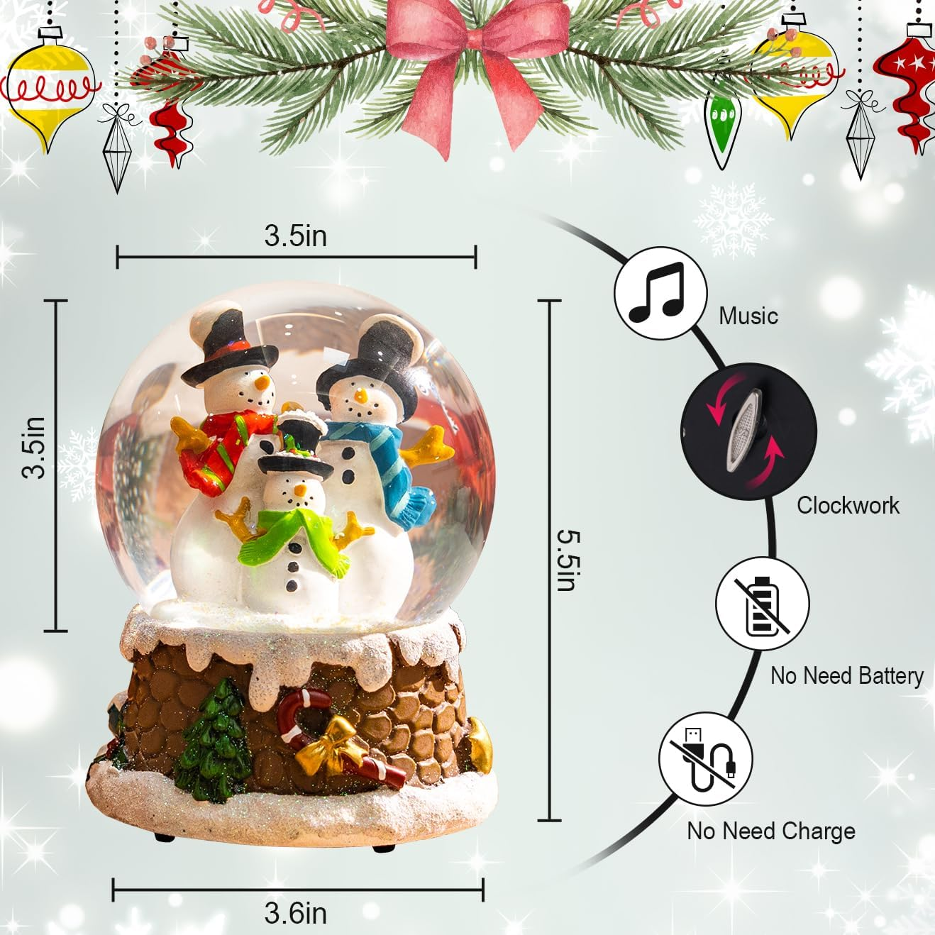 Snow Globes Glitter Water Globe Decoration Musical Snow Globes Decor Plays We Wish You a Merry Christmas, 100Mm, Three Snowmen image number 4