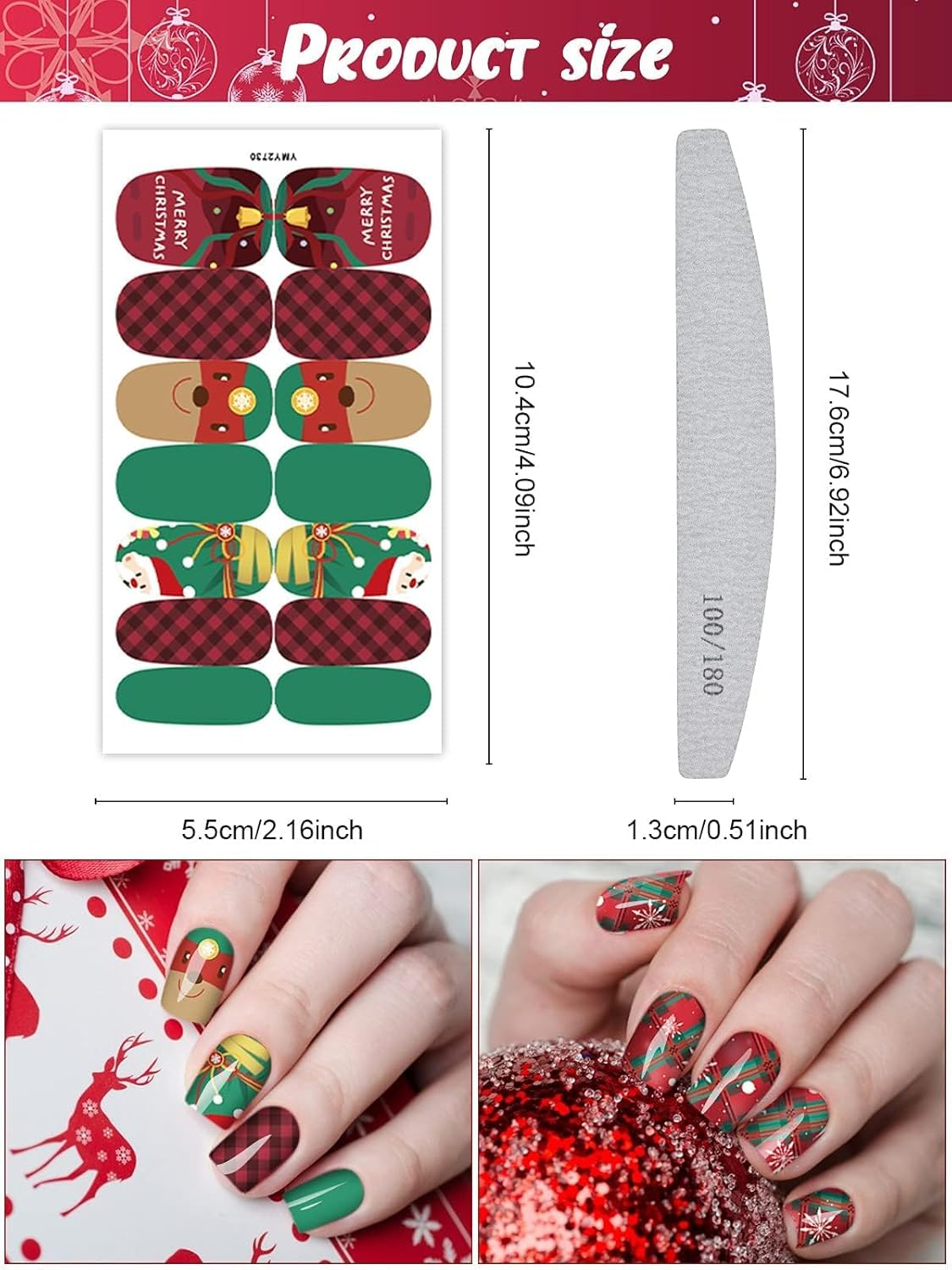Kalolary 12 Sheets Christmas Nail Polish Strips Stickers, Self-Adhesive Christmas Full Nail Wrap Stickers Withnail File, Snowflake Gingerbread Man Christmas Tree Nail Polish Sticker