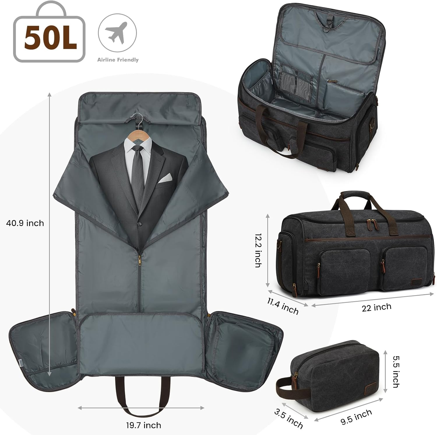 Garment Bag for Travel, S-ZONE Duffle Bag for Men Travel Convertible Suit Bags Carry on Luggage Women Hanging Suitcase Travel Bag with Toiletry Bag, Black, Large, Travel Garment Bag - Gray image number 2