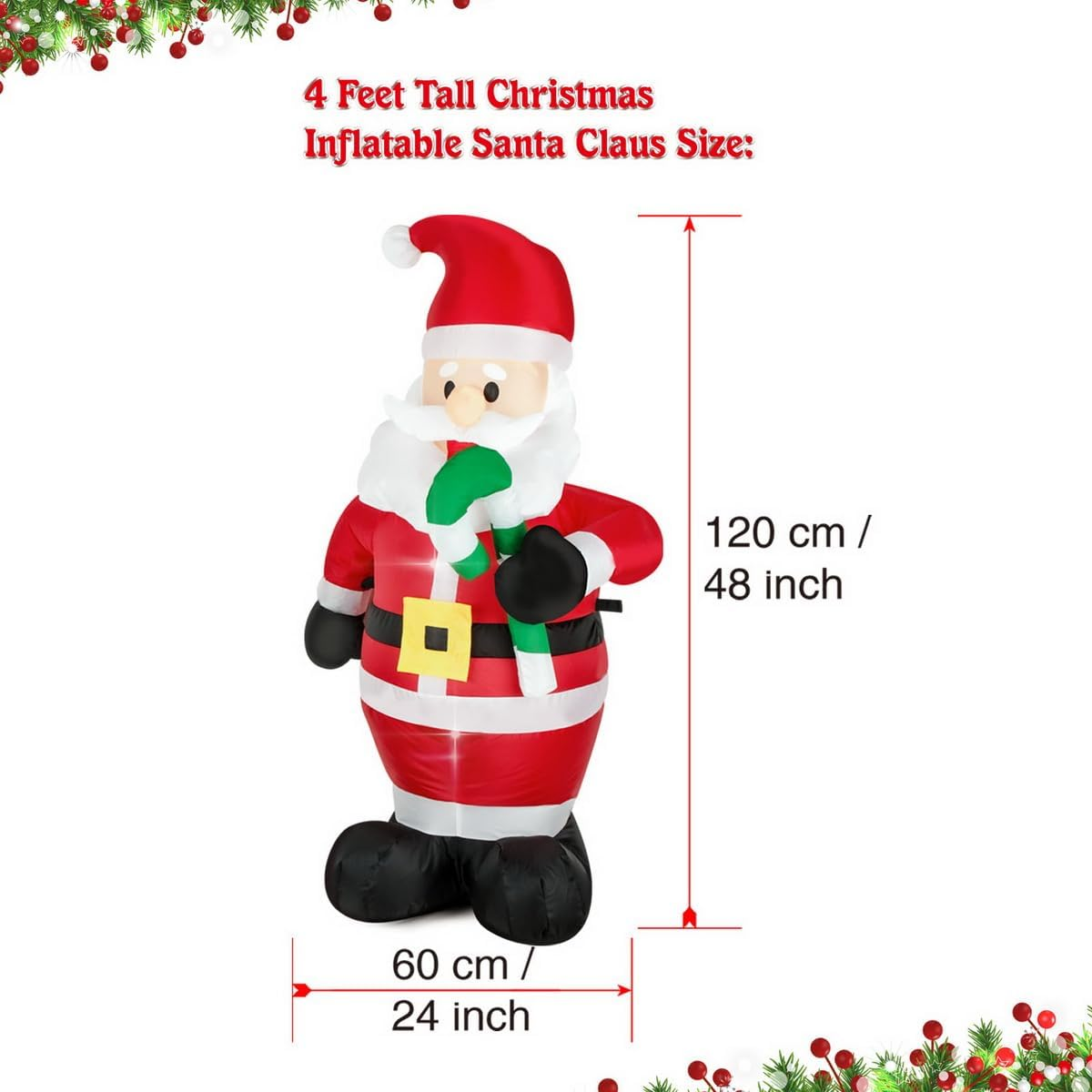 Christmas Inflatables Santa Claus Holds Green Candy Cane Lighted Inflatable Christmas Garden Yard Lawn Decoration with Built in Fan and Anchor Ropes 4 Feet Tall image number 4