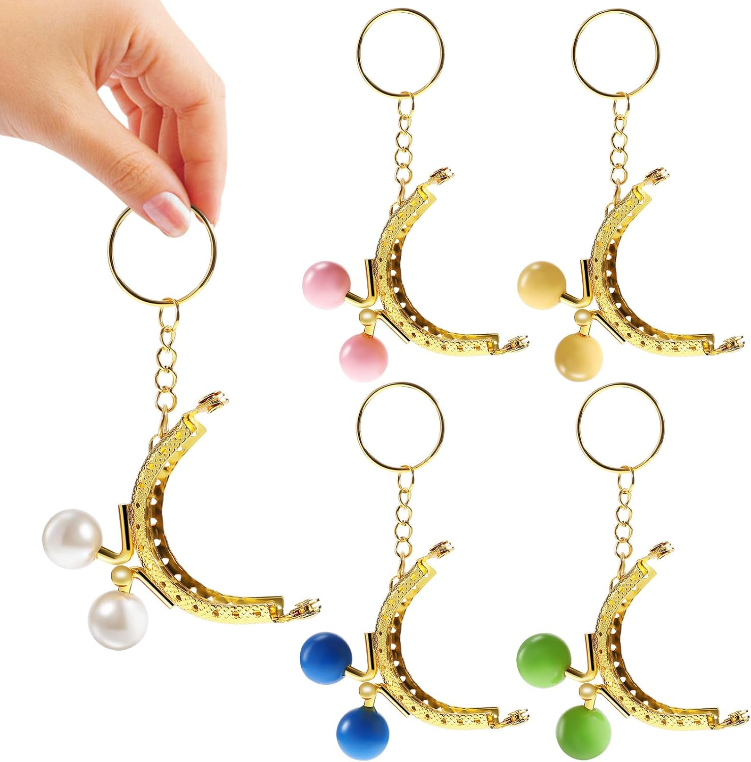 KALLORY 5 Pcs Retro Semicircular Embossed Metal Purse Clasp Frames with Candy Beads and Key Rings, Coin Bag Frame Clasps for DIY Purse Making, Set Including Green, Sky Blue, Yellow, Pink, image number 1