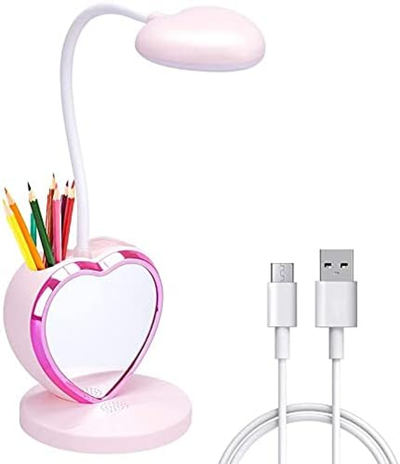 LED Desk Lamp, Cute Pink Desk Lamp with USB Charging Port/Pen Holder and Phone Stand, Touch Control Reading Lamp with 2 Color Modes,Eye-Caring Study Table Lamp for Kids Girls College Dorm Bedroom
