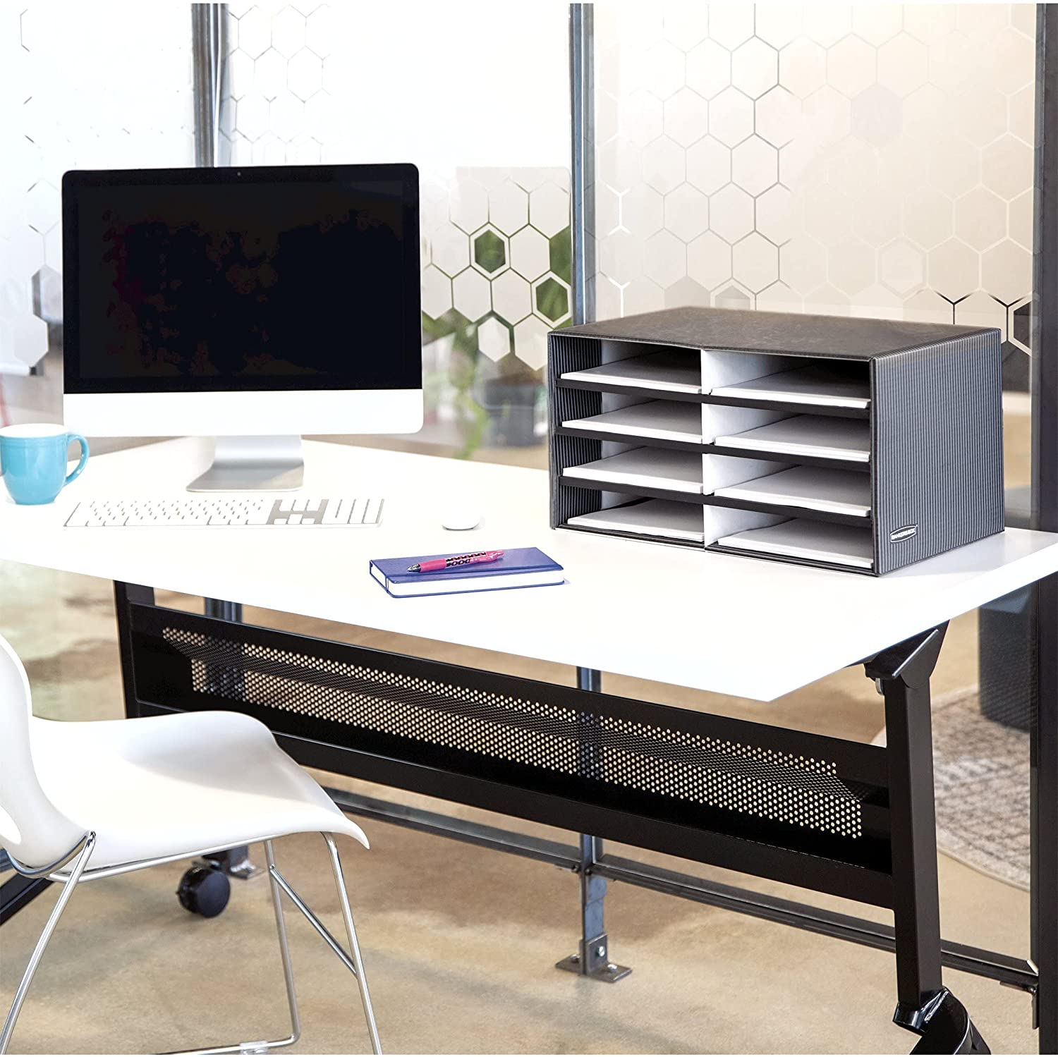 Bankers Box Decorative Eight Compartment Literature Sorter, Letter, Black/Gray Pinstripe (6170301) image number 2