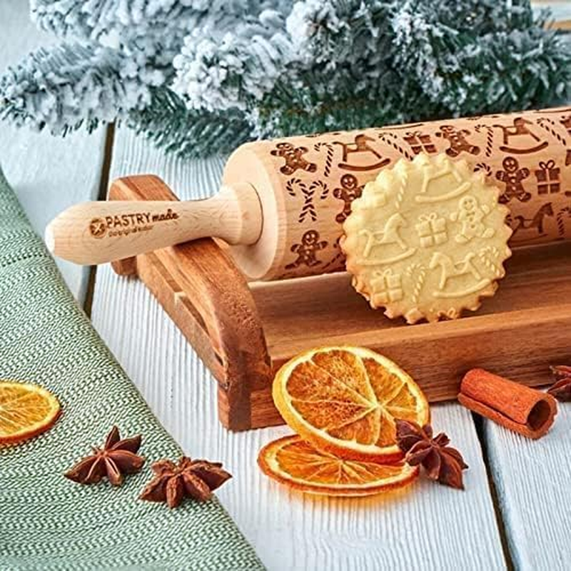 Xtmas Woden Rolling Pin for Baking,Engraved Embossing Rolling Pin Cookie Stamps Roller Square Grid Cookies Mold Kitchen Decor Tools for Kids Adults (Gingerbread Man)