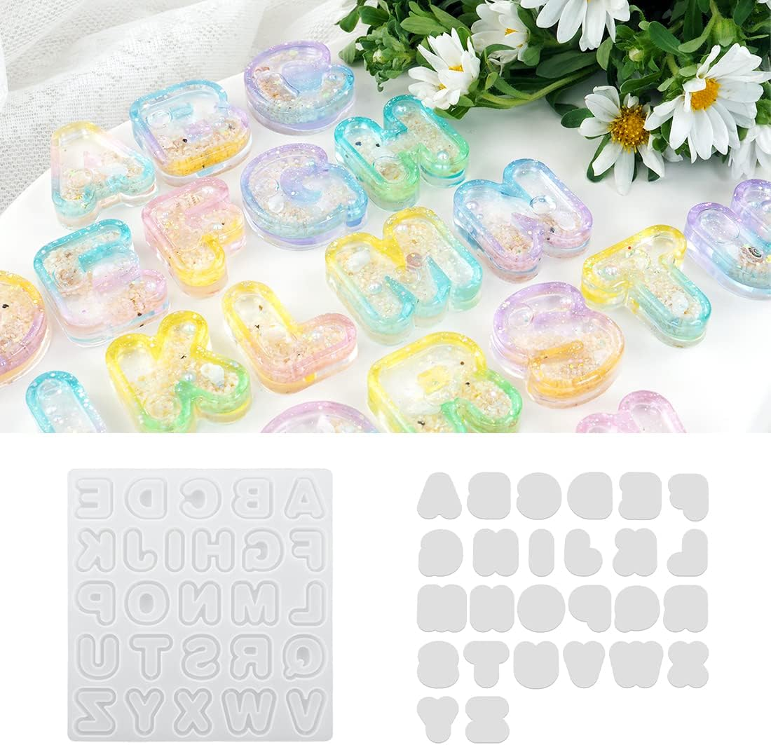 Voyyphixa Alphabet Resin Molds Resin Shaker Molds Charms Epoxy Quicksand Silicone Casting Molds with 26PCS Seal Film for Keychain Jewelry Pendant DIY Decoration Art Craft (Quicksand Mold)