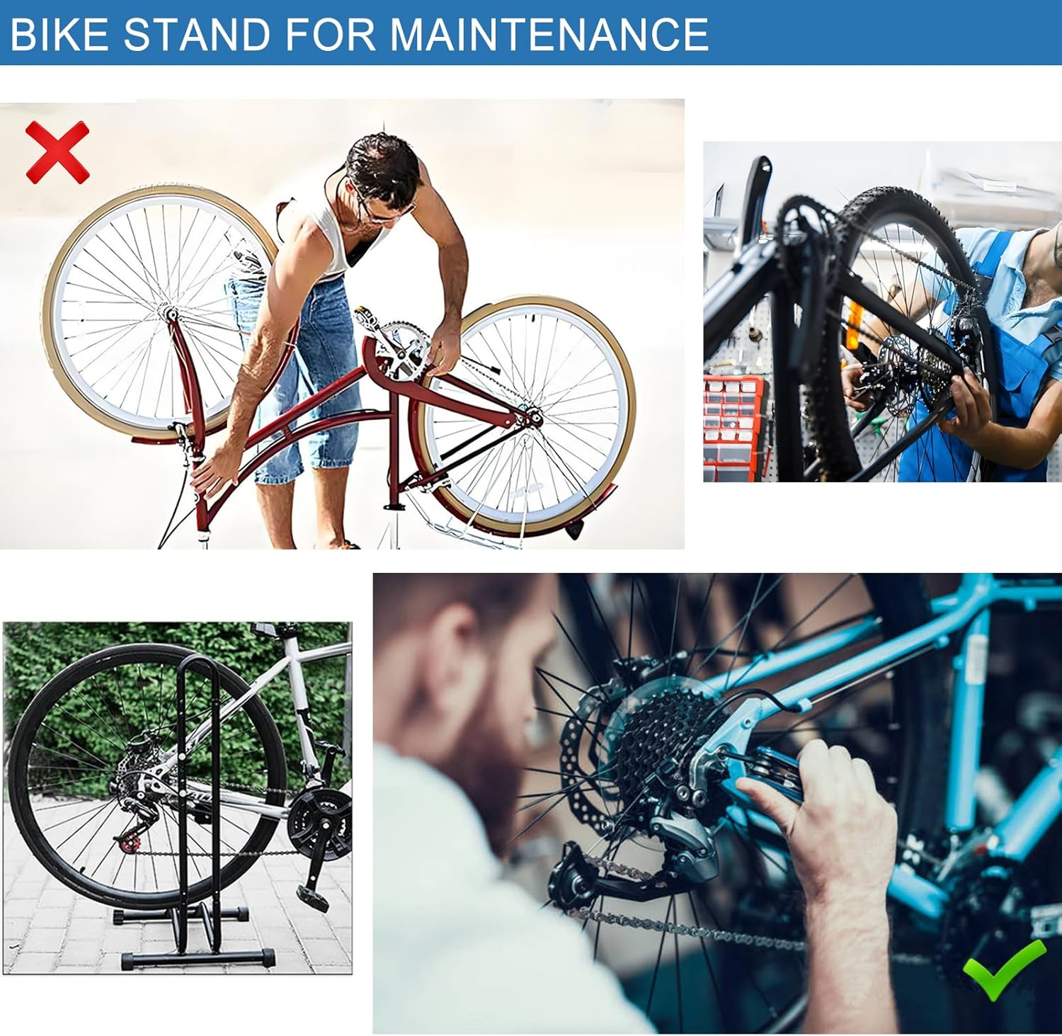 Bike Stand Freestanding Bicycle Stand Space Saving Vertical Bike Storage for Mountain/Road/Kids Bike. Bicycle Floor Parking for Indoor/Outdoor. Bike Rack for Maintenance 3 in 1 Repair Stand. image number 3