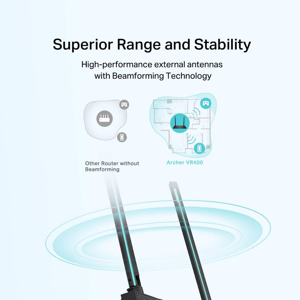 Tp-Link Archer VR400 Dual-Band Wi-Fi Router Ac1200Mbps, VDSL2 Profile 17A, VDSL/FTTC/FTTS/ADSL, 4 Gigabit Ports, 1 USB Port, RJ11, Onemesh Tp-Link Technology, MU-MIMO, Beamforming, Qos, Black image number 6