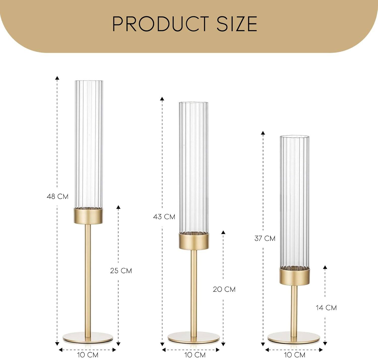 3Pcs Gold-Finished Hurricane Candle Holders Set - Glass & Brass Taper Candle Holders for Weddings, Christmas, Home Table Decor image number 1