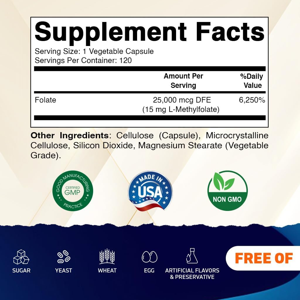 Vitamatic L Methylfolate 15Mg - 120 Vegetable Capsules - Optimized and Activated High Potency - Metabolically Active Folate image number 4