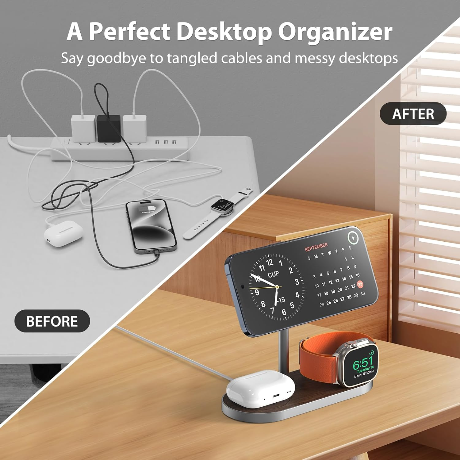 KU XIU X23 PRO Magnetic Wireless Charger Stand, 3 in 1 Wireless Charging Station for Iphone 17/16/15/14/13/12, 5W for Iwatch Ultra/Se/S11-4, Airpods 4/3/2/Pro - Wood Grain image number 3