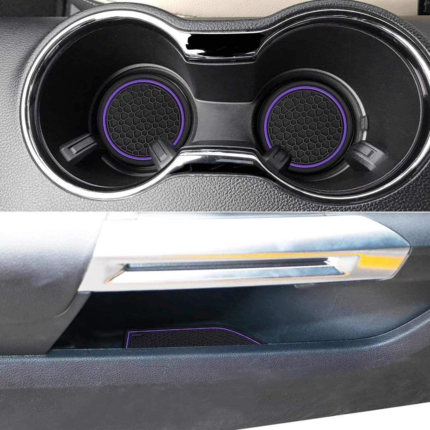 Auprite Non-Slip Mats for Mustang Accessories 2015-2023, Custom Fits Cup Holder Liners Mats Door Pocket Center Console Liners,5Pcs (Purple) - Blue image number 6