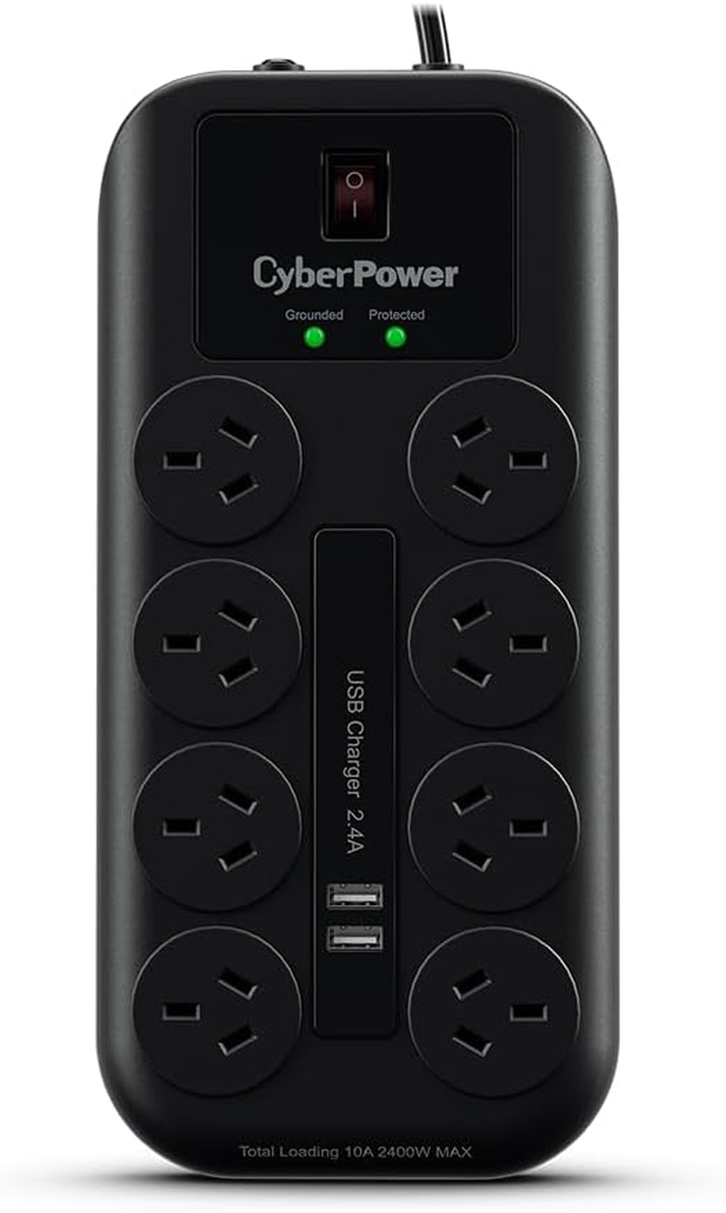 Cyberpower 8 Outlet Power Board with 2 USB Charge Port, Surge and Overload Protection, EMI and RFI Filtration, 2M Cable, On/Off Switch and LED Indicator, 2M Lead for Home and Home Office image number 1