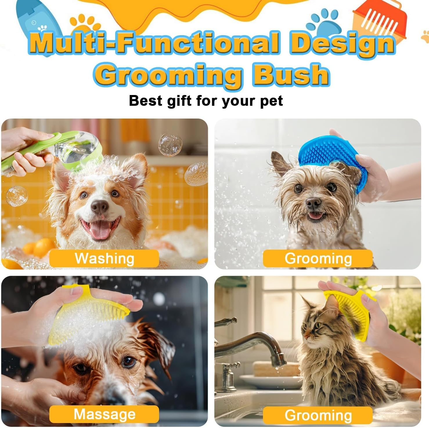 3Pcs Dog Bath Brush Set - Shampoo Brush & Bubble Maker with Adjustable Handle, Paw Washer & Massage Grooming Tool for Short/Long Hair Dogs & Cats (Blue Yellow Green) image number 1