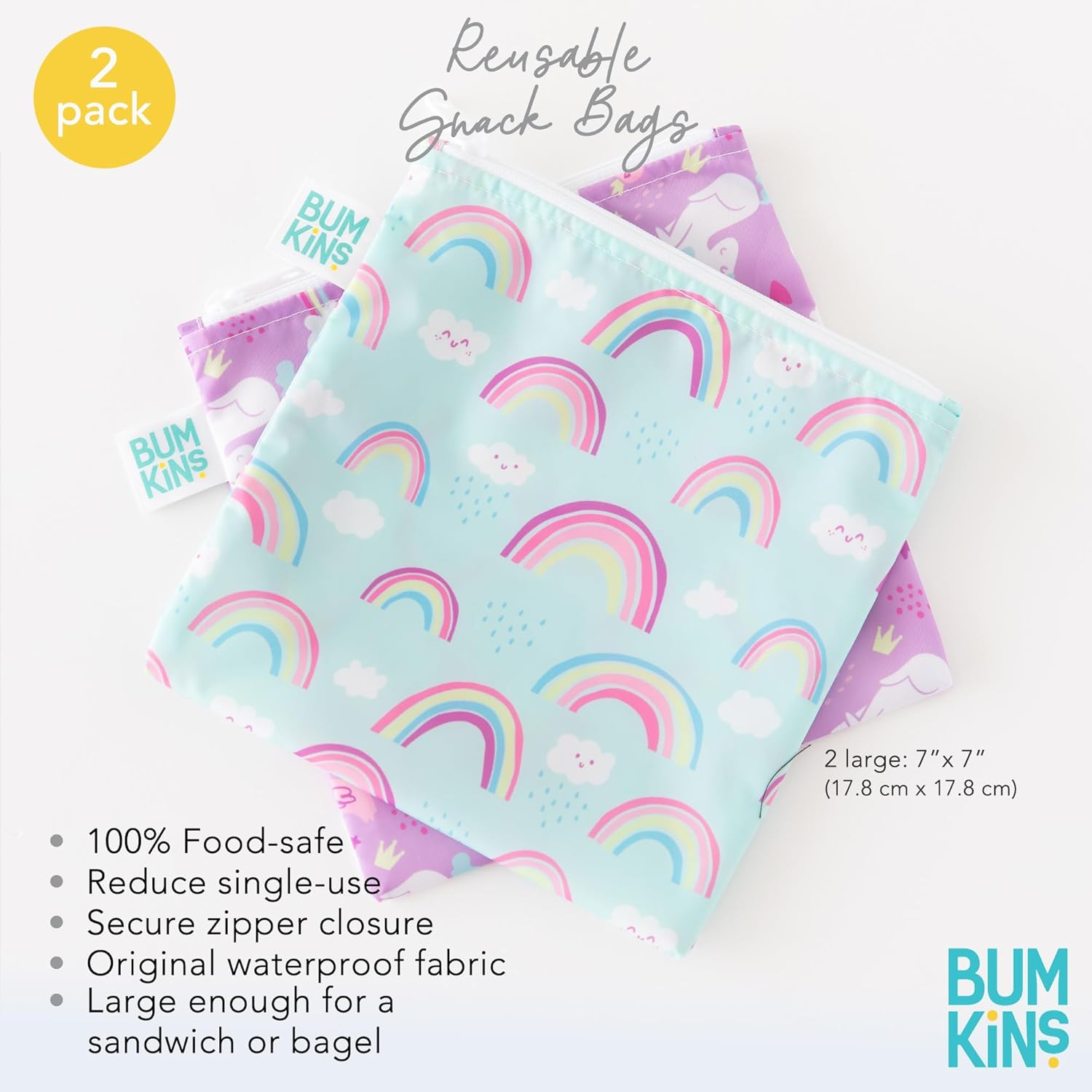 Bumkins Sandwich Bag/Snack Bag, Reusable Fabric, Washable, Food Safe, BPA Free, 7X7 - Rainbows & Unicorns (2-Pack) image number 4