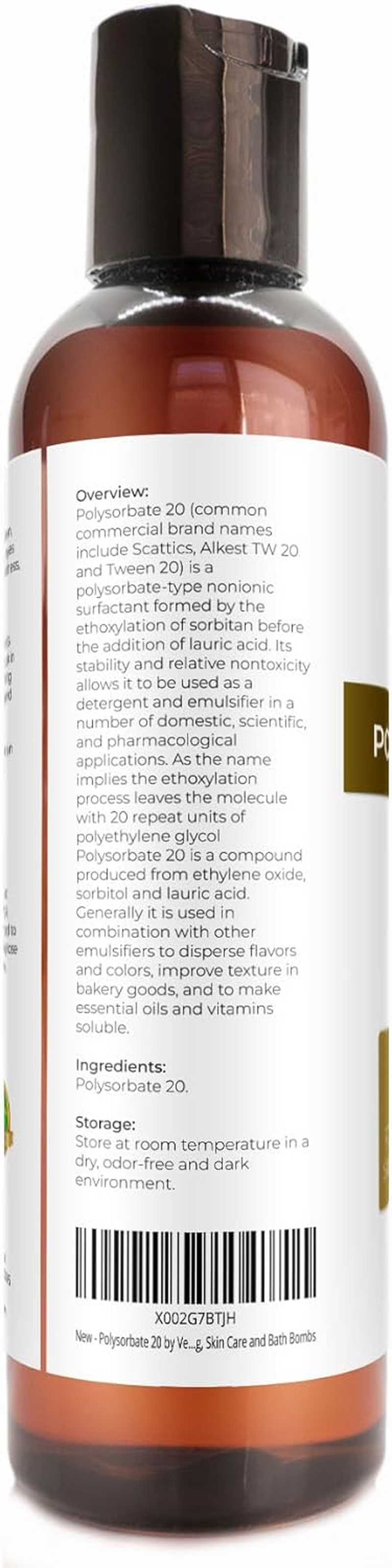 100% POLYSORBATE 20 by Velona | Solubilizer, Food & Cosmetic Grade | All Natural for Cooking, Skin Care and Bath Bombs| Size: 4 Oz