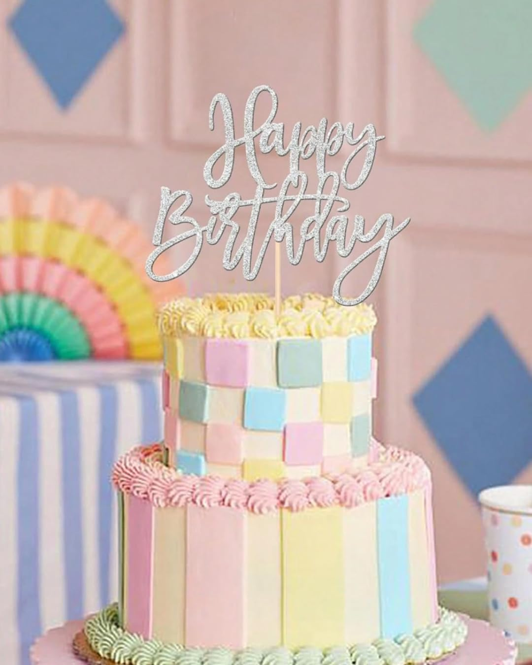 Glitter Happy Birthday Cake Topper - Different Colour Options, Party Decoration, Office, Kid Party (Pink) image number 4