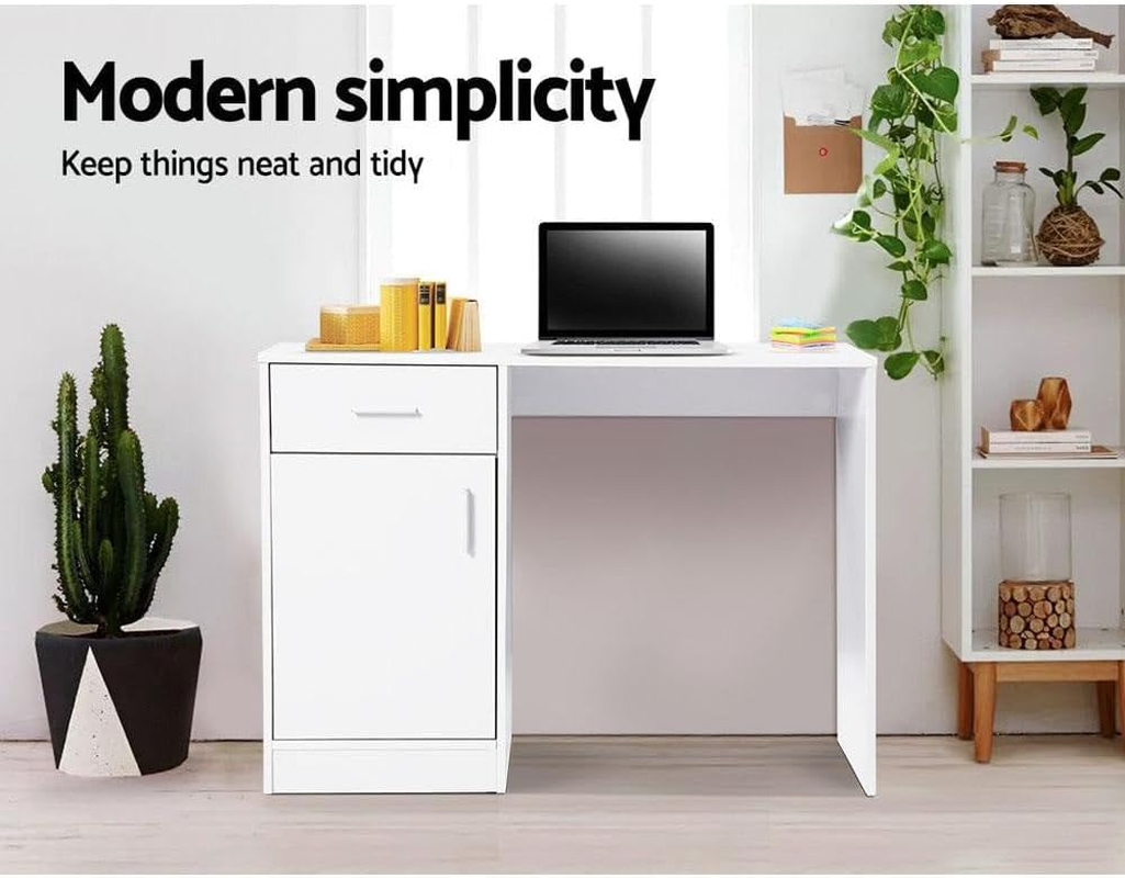 Artiss Computer Desk 100Cm White Desktop Office Laptop Desks Study Student Table, Home Furniture for Room Bedroom, with Drawer Cabinet Anti-Rust Metal Runners