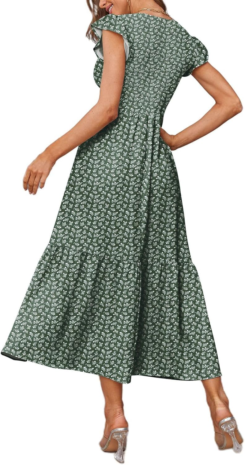 Women'S Nursing Dress Flutter Short Sleeve Crew Neck Smocked Elastic Waist Tiered Midi with Pockets image number 5