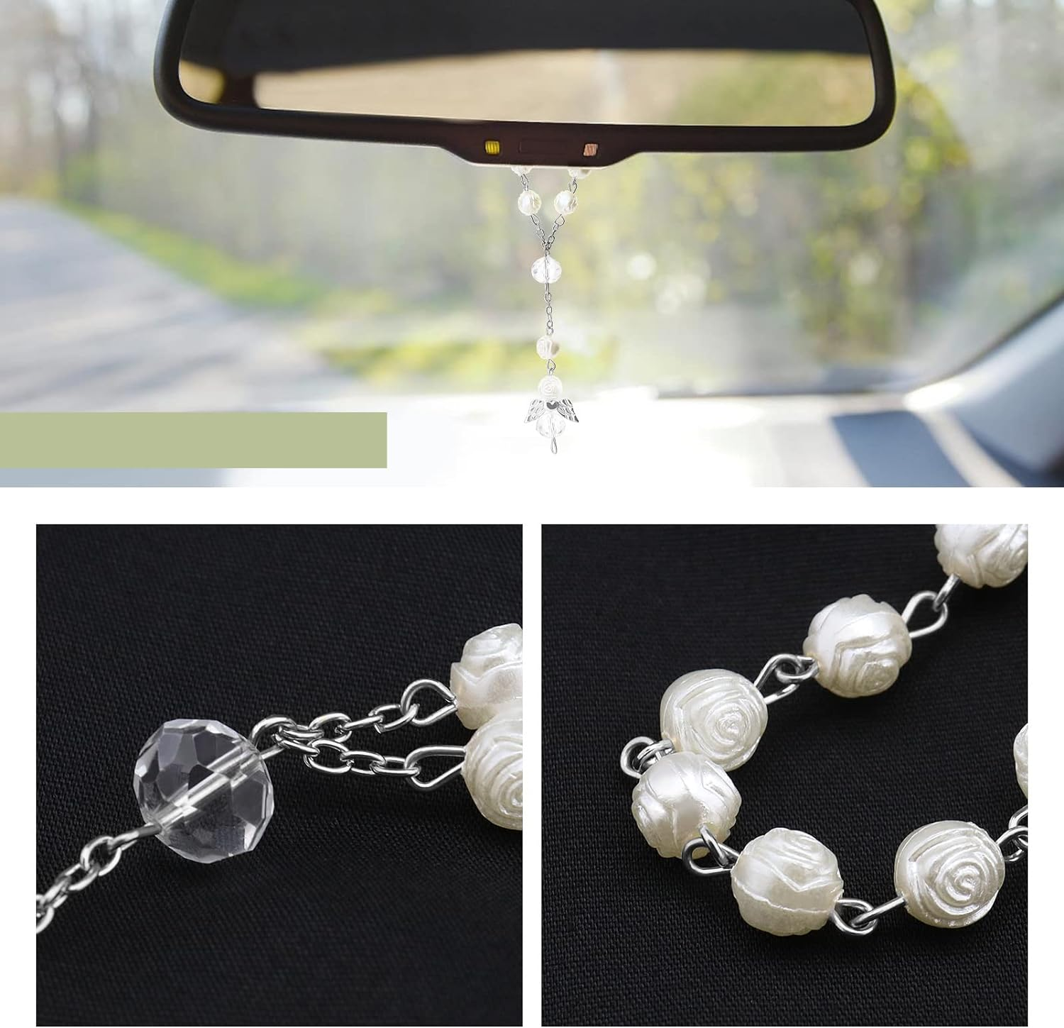 VGOL Rose Lanyard Crystal Car Charms Rhinestones Hanging Ornament Angel Pendants Decorative Accessories Silver image number 2