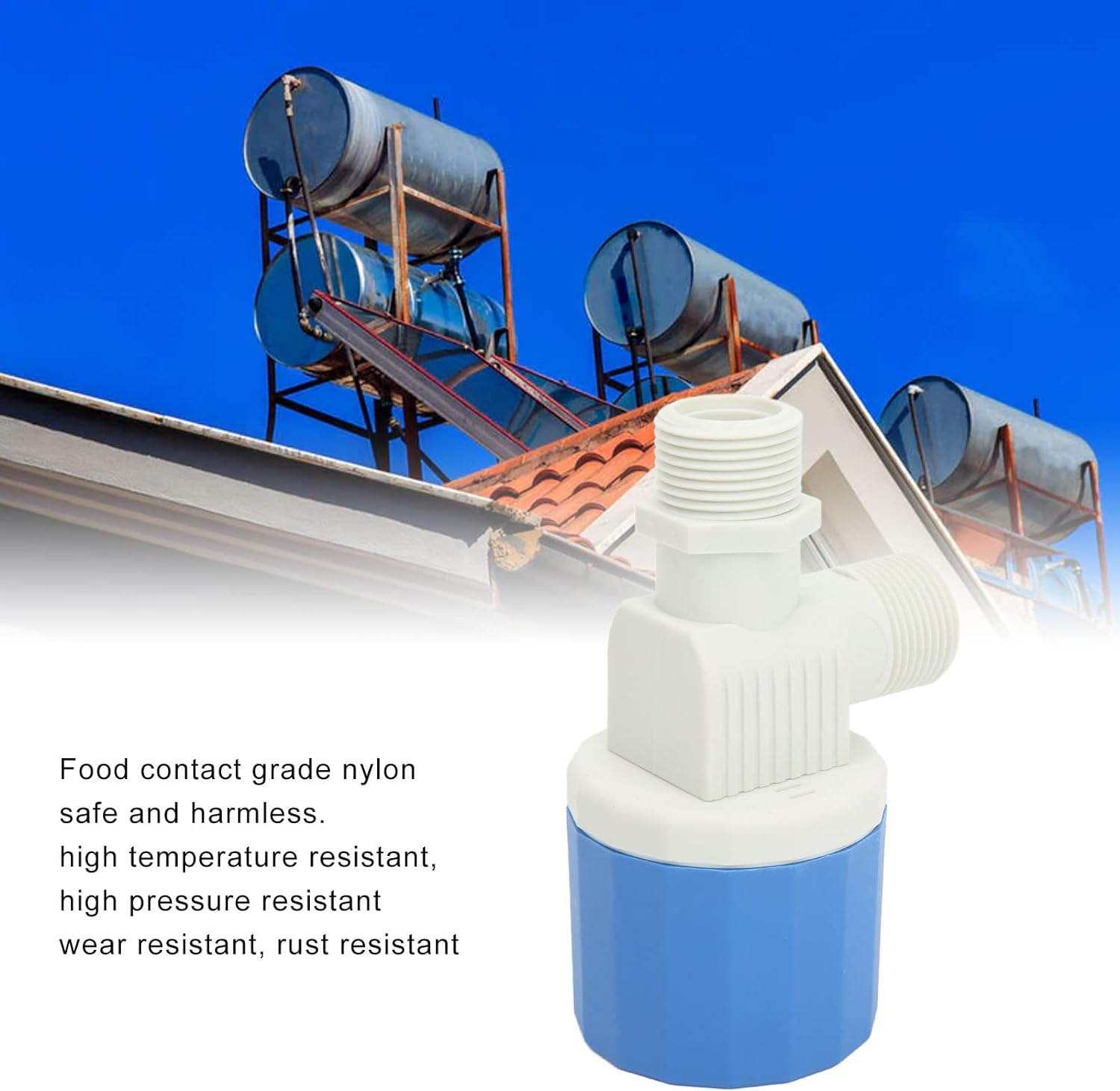 Float Valve, Nylon Inner Top Water Inlet Automatic Water Level Control Valve, Auto off Water Float Valve with Stainless Steel Nuts for Solar, Water Tank, Tower, Pool (3/4) image number 6