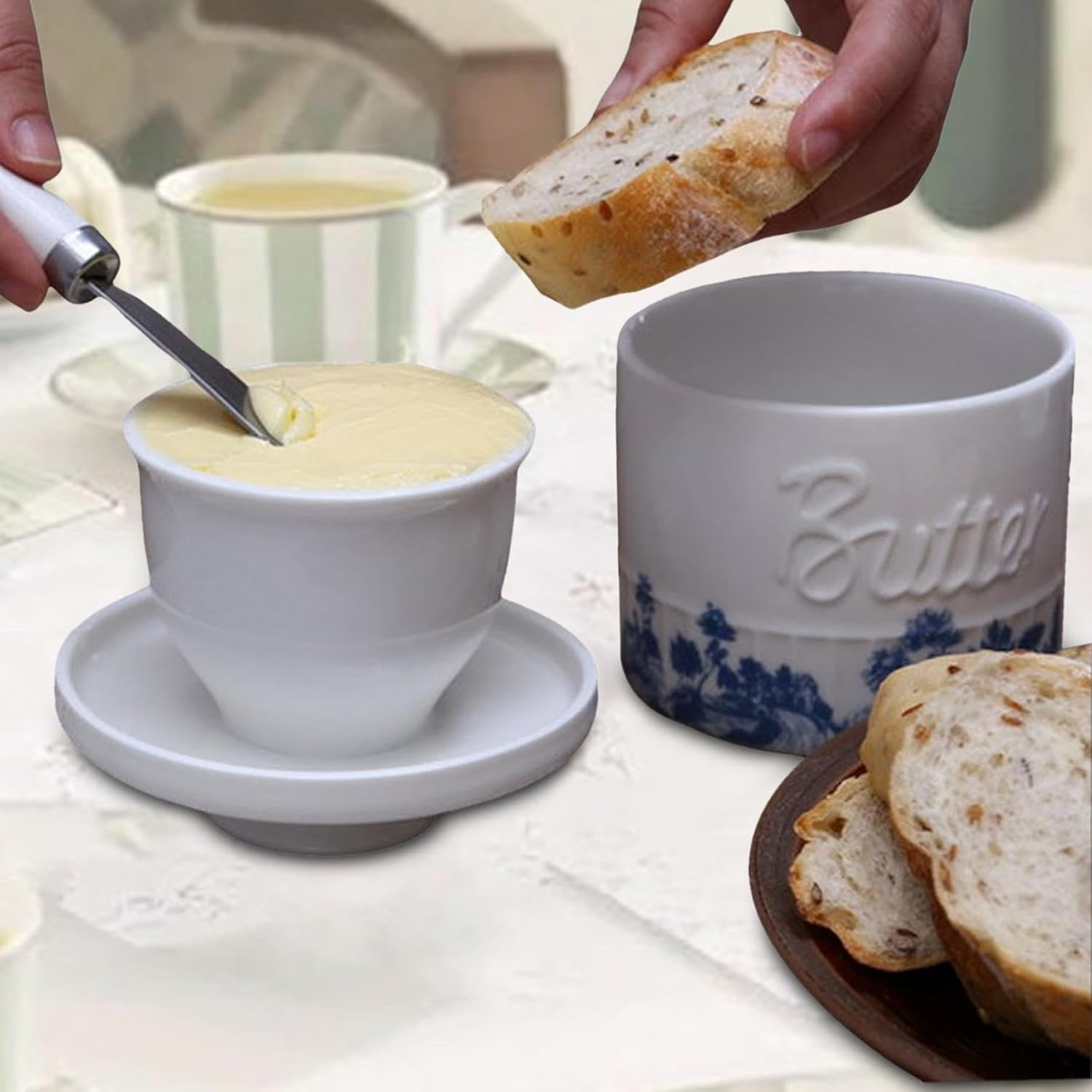 Fenteer Butter Dish Butter Crock with Lid for Soft Butter Porcelain Butter Container Butter Keeper for Cafe Dining Table Centerpiece , Style A image number 5