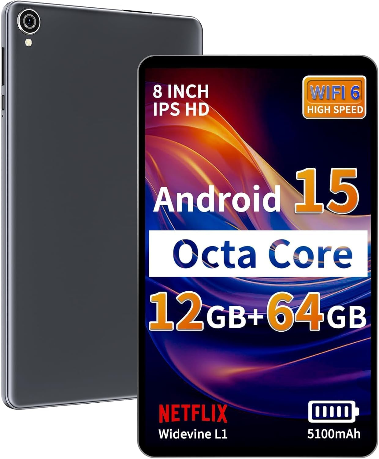 2025 Android 15 Tablet 8 Inch Tablet, Octa-Core Processor, 12GB RAM 64GB ROM 2TB Expandable, 1280 * 800 IPS HD Screen, Wifi6, BT5.4, Widevine L1, 5MP+8MP Dual Camera Tableta - Grey