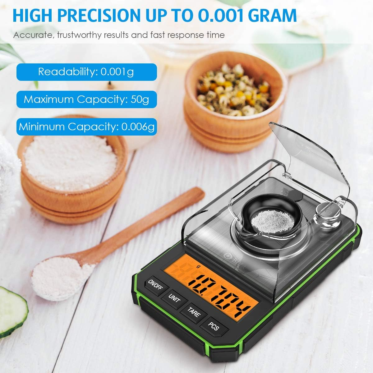 Digital Milligram Scale, 50G Portable Mini Scale, 0.001G Precise Graduation, Professional Pocket Scale with 50G Calibration Weights Tweezers (Batteries Included) - Orange image number 3